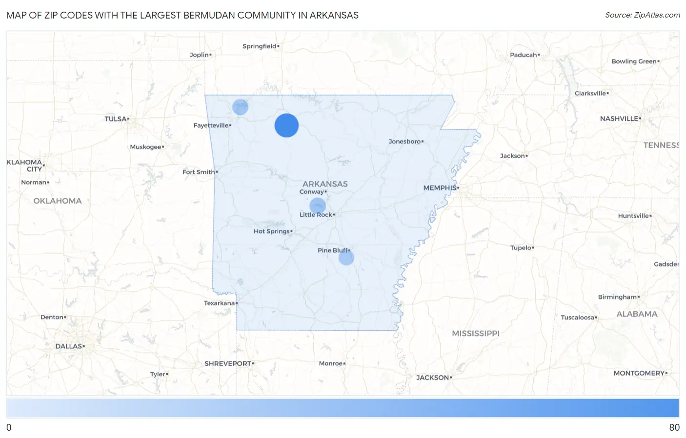 Zip Codes with the Largest Bermudan Community in Arkansas Map