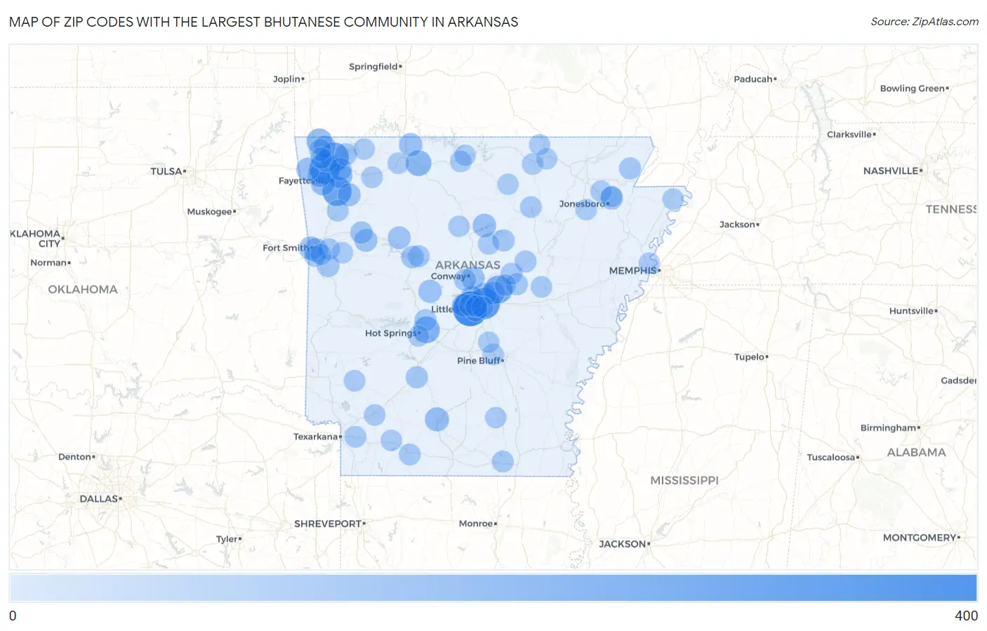 Zip Codes with the Largest Bhutanese Community in Arkansas Map