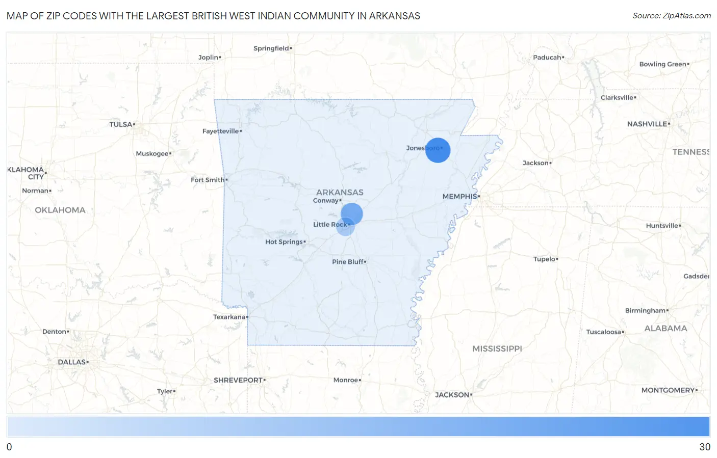 Zip Codes with the Largest British West Indian Community in Arkansas Map