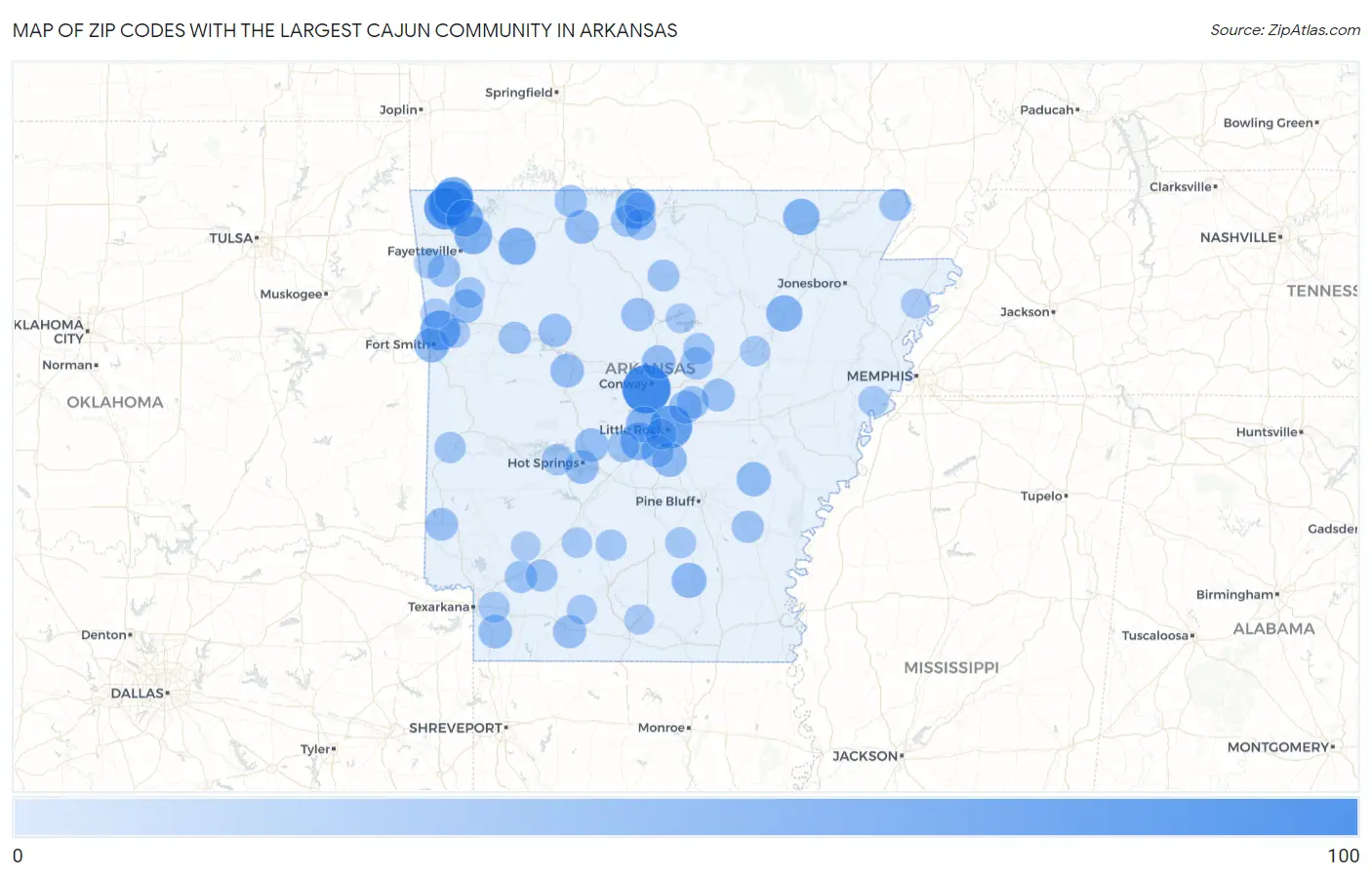 Zip Codes with the Largest Cajun Community in Arkansas Map