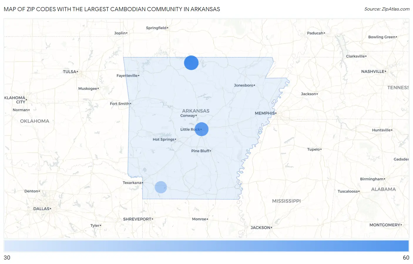 Zip Codes with the Largest Cambodian Community in Arkansas Map