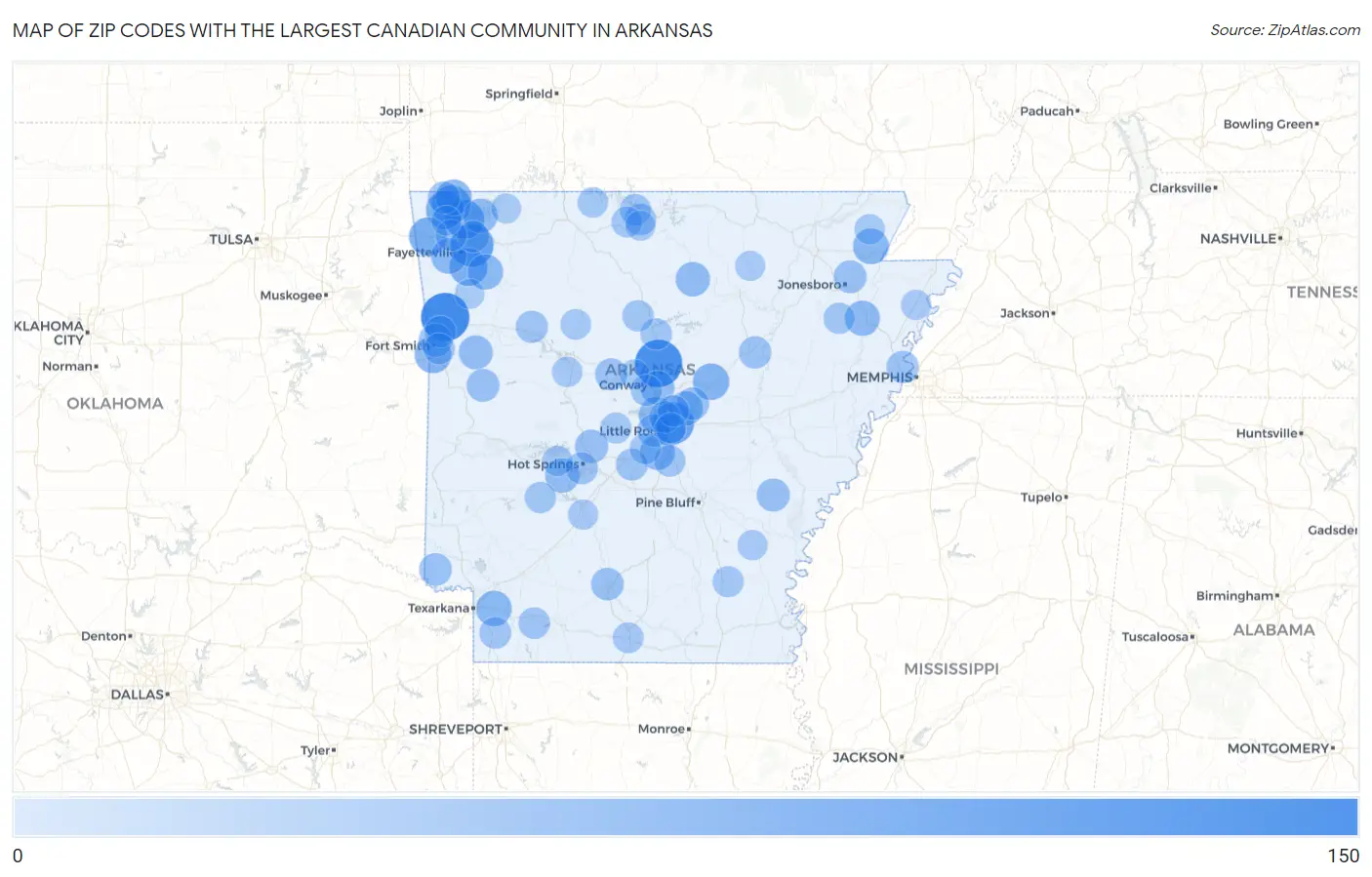 Zip Codes with the Largest Canadian Community in Arkansas Map