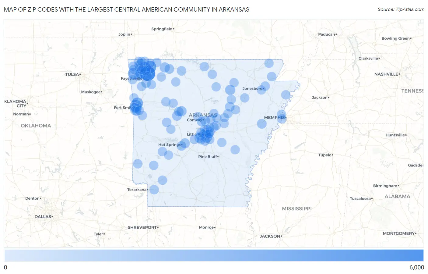 Zip Codes with the Largest Central American Community in Arkansas Map