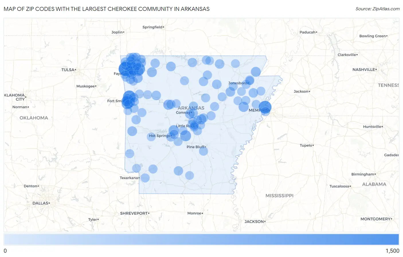 Zip Codes with the Largest Cherokee Community in Arkansas Map