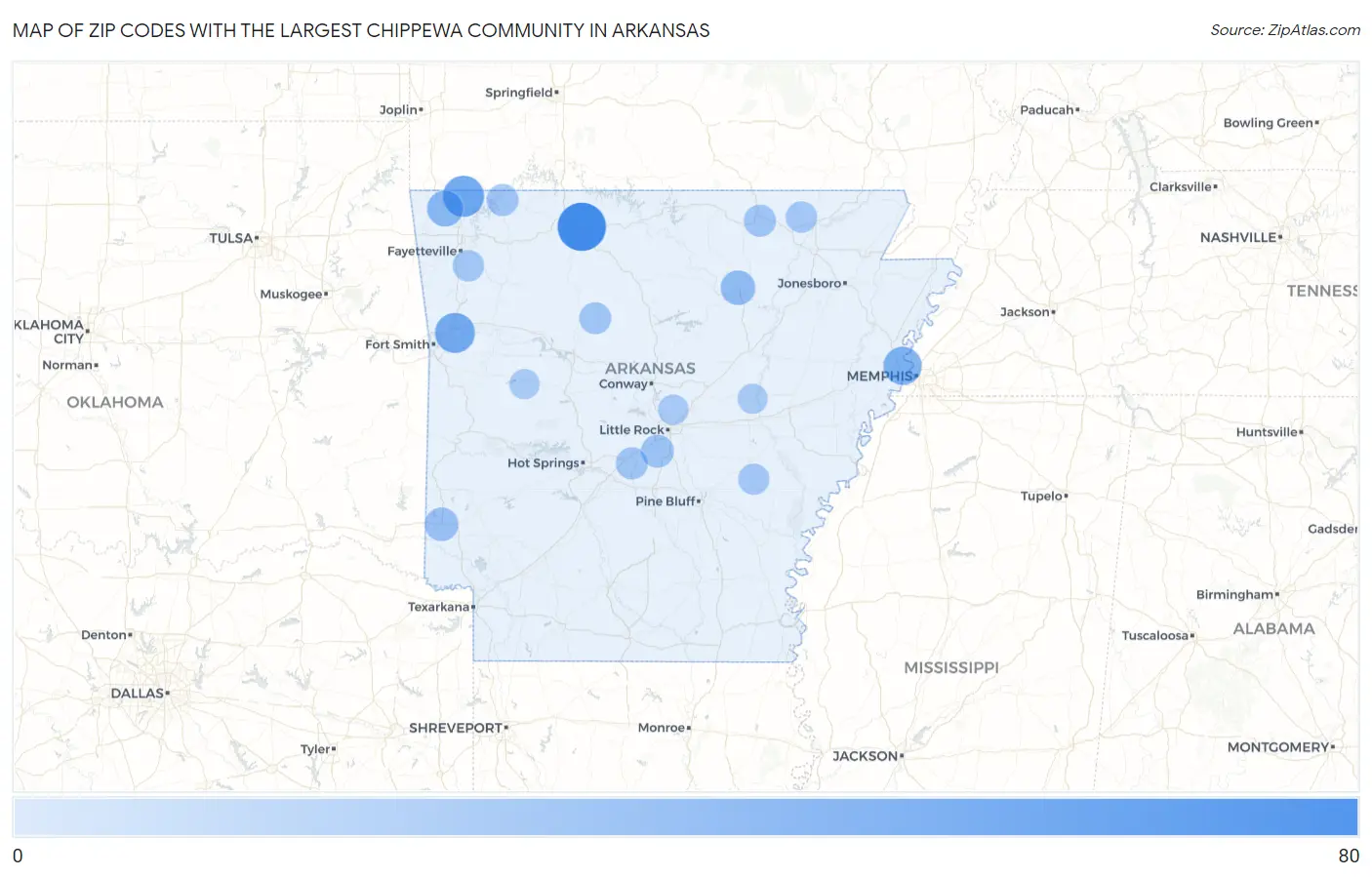 Zip Codes with the Largest Chippewa Community in Arkansas Map