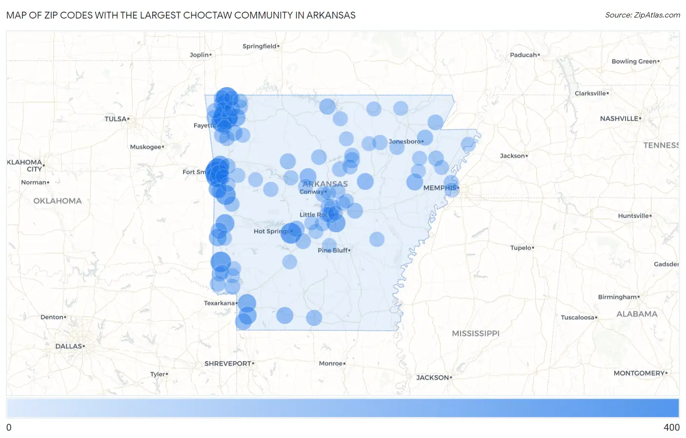 Zip Codes with the Largest Choctaw Community in Arkansas Map
