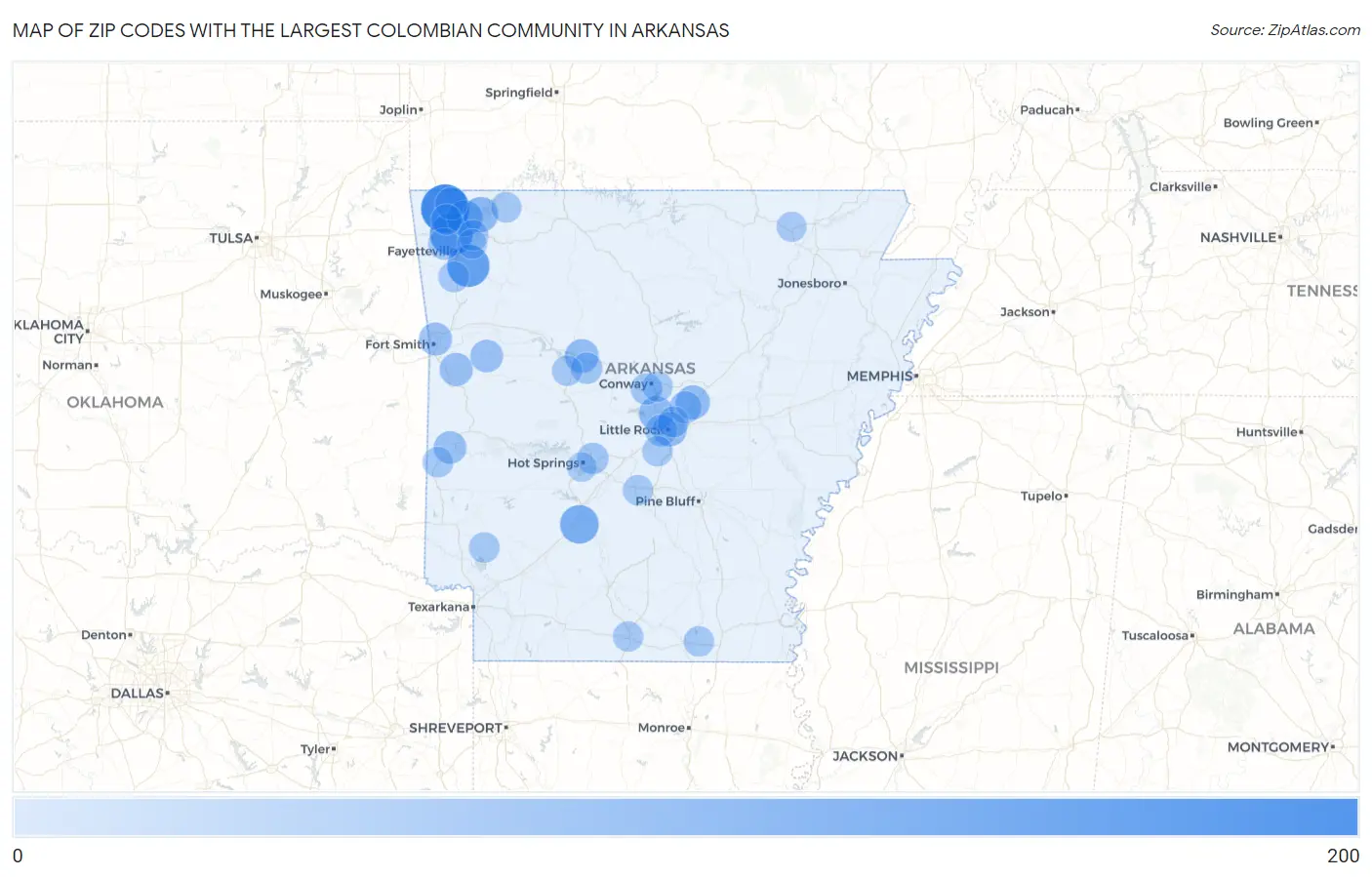 Zip Codes with the Largest Colombian Community in Arkansas Map