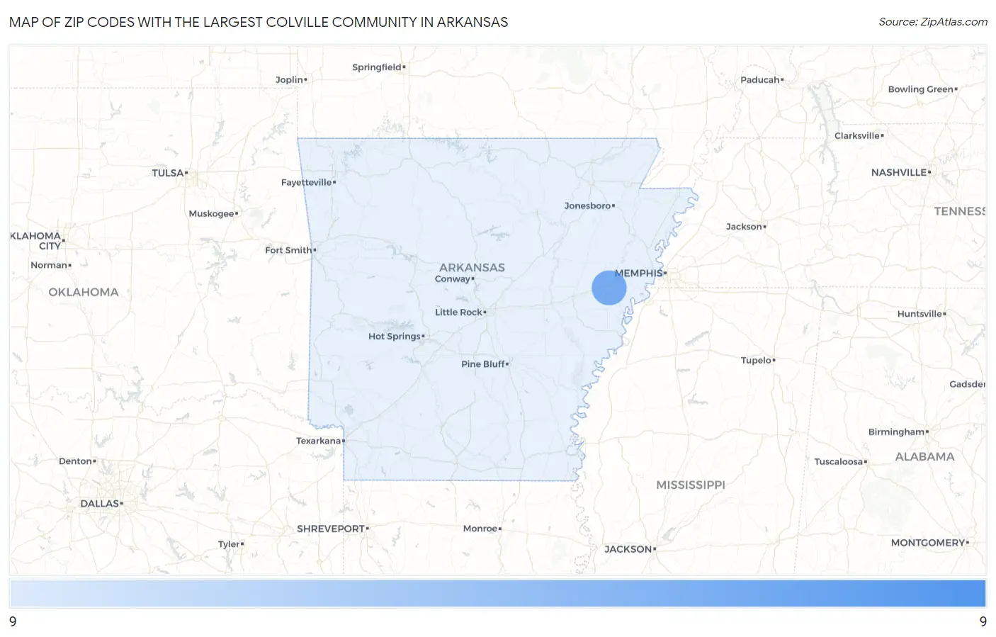 Zip Codes with the Largest Colville Community in Arkansas Map