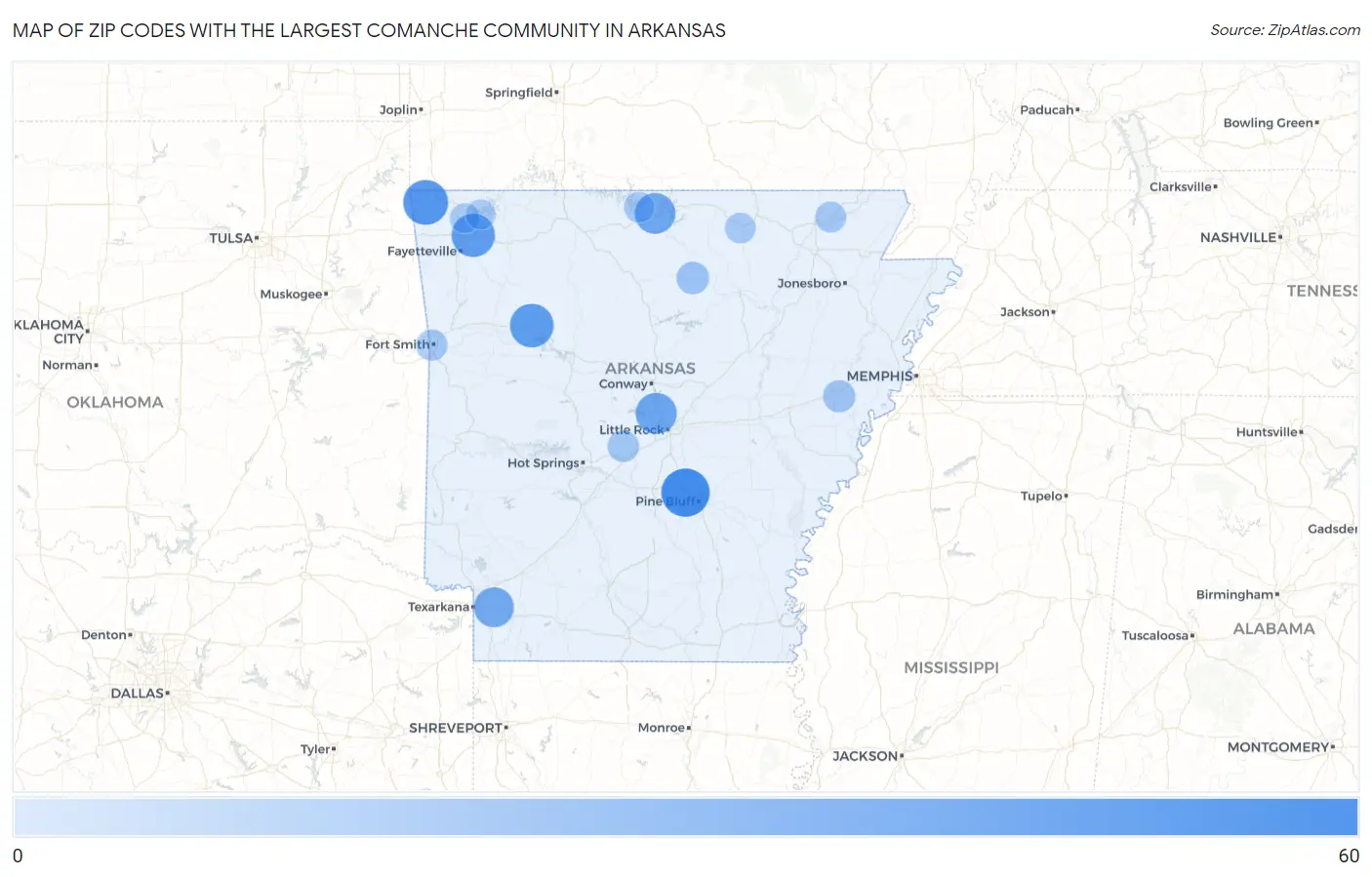Zip Codes with the Largest Comanche Community in Arkansas Map