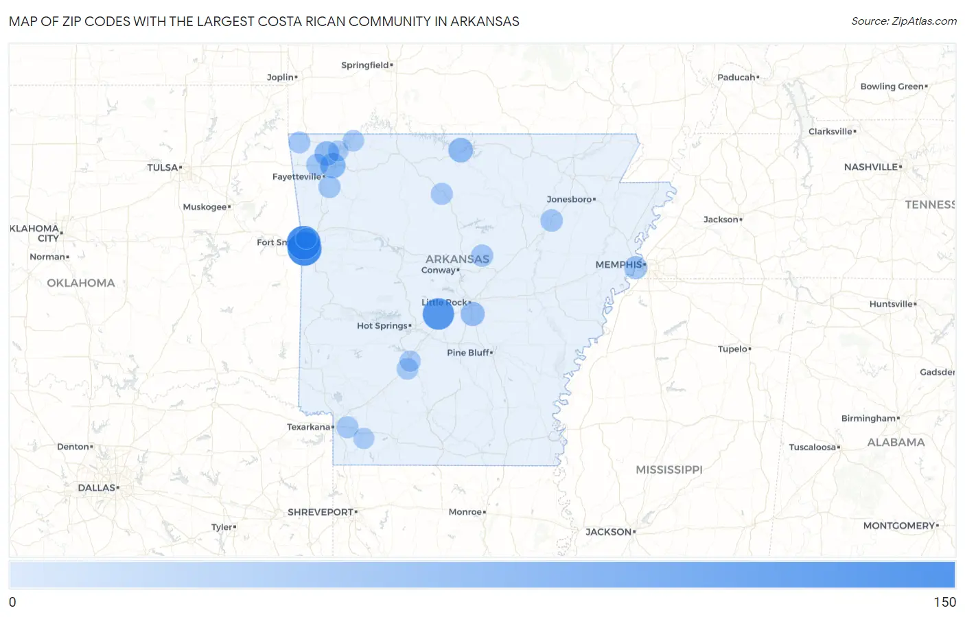 Zip Codes with the Largest Costa Rican Community in Arkansas Map