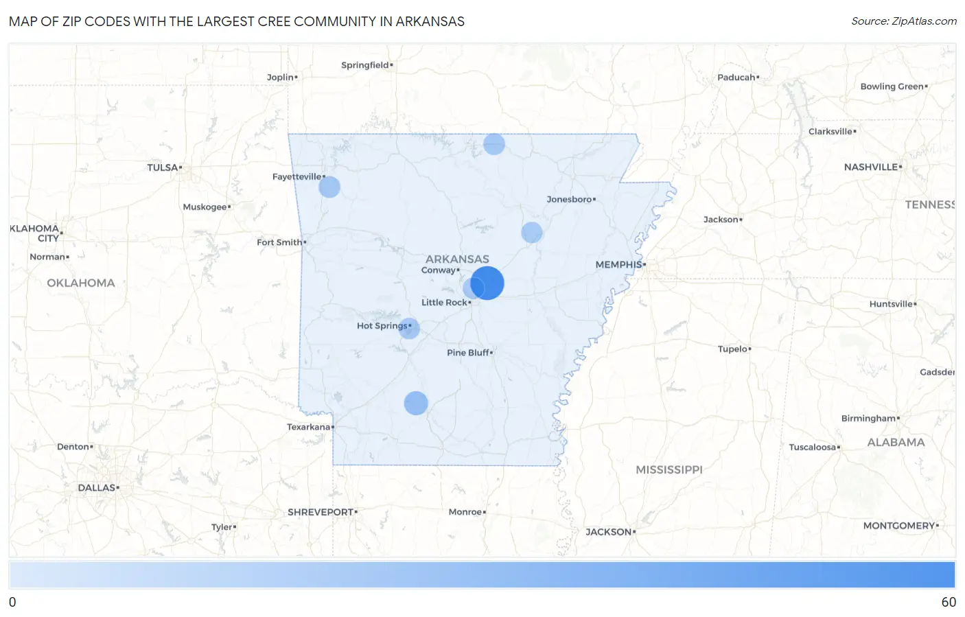 Zip Codes with the Largest Cree Community in Arkansas Map