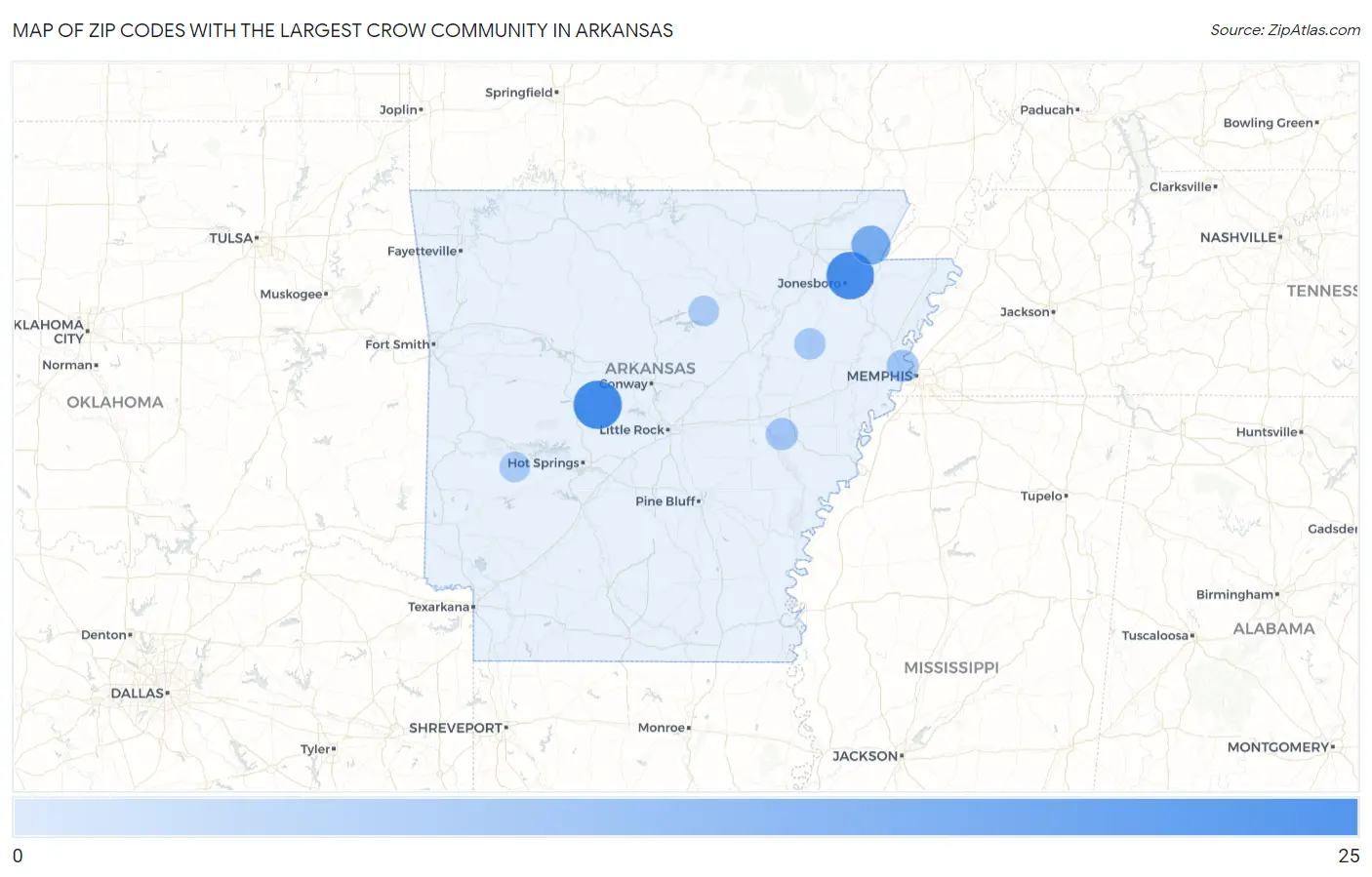 Zip Codes with the Largest Crow Community in Arkansas Map