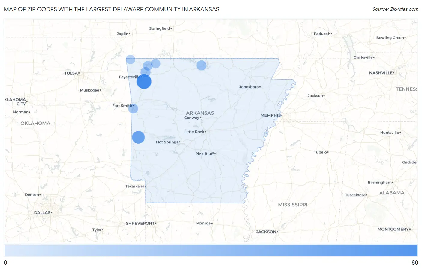 Zip Codes with the Largest Delaware Community in Arkansas Map
