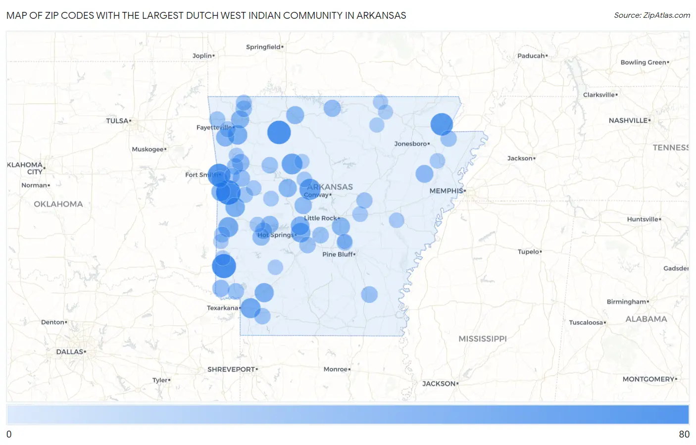 Zip Codes with the Largest Dutch West Indian Community in Arkansas Map