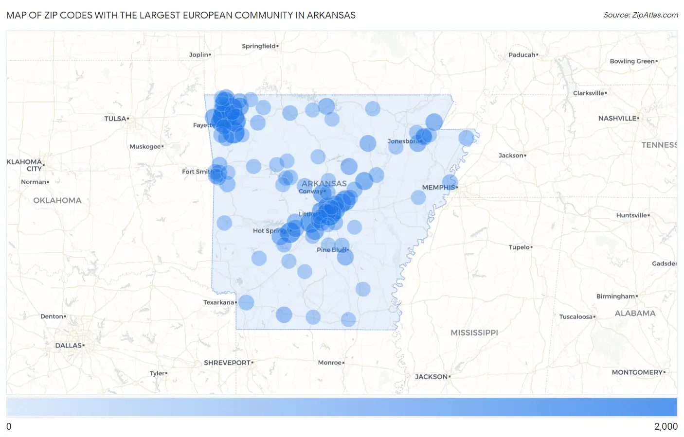 Zip Codes with the Largest European Community in Arkansas Map