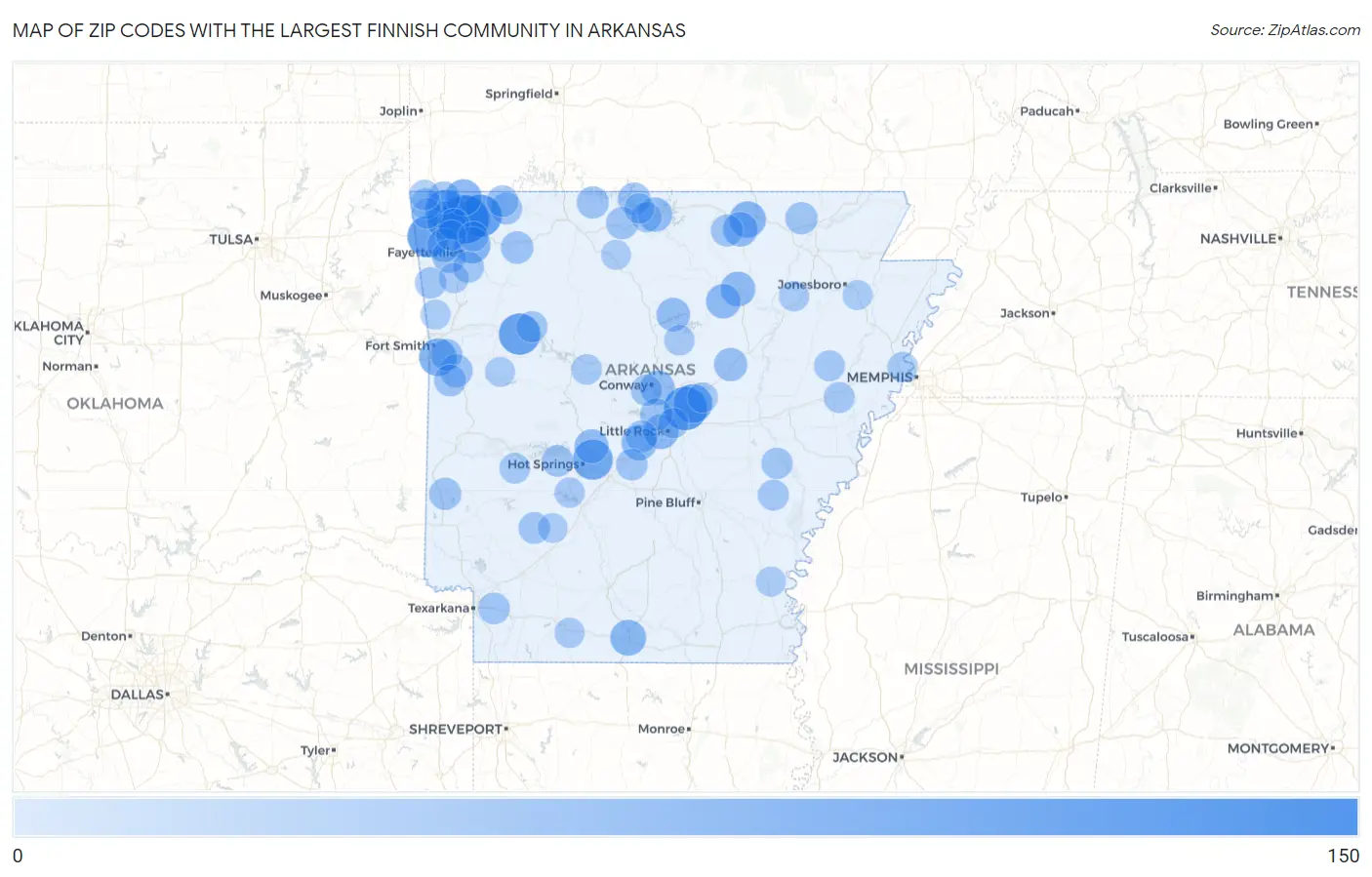 Zip Codes with the Largest Finnish Community in Arkansas Map
