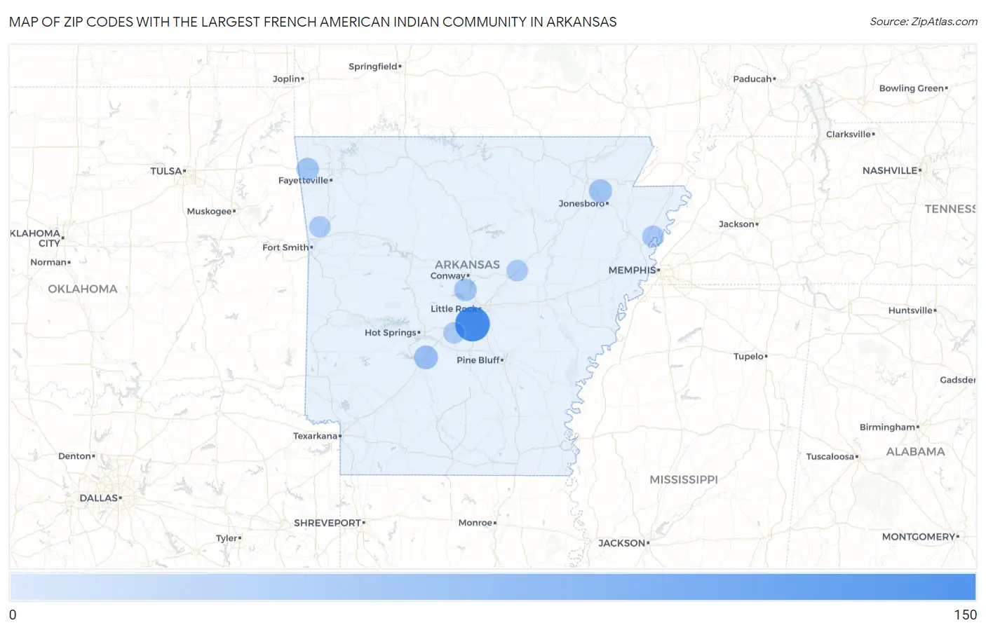 Zip Codes with the Largest French American Indian Community in Arkansas Map