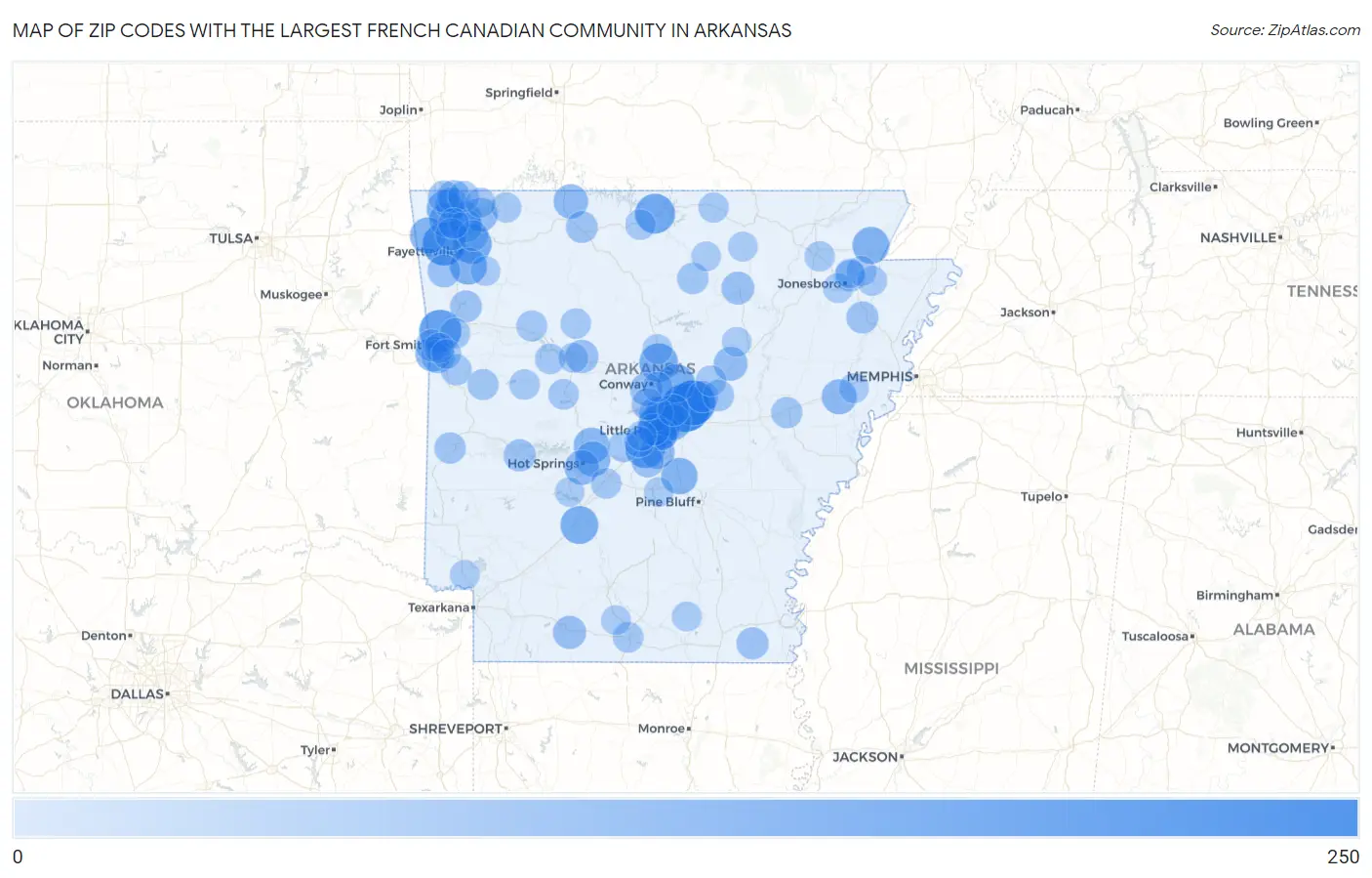 Zip Codes with the Largest French Canadian Community in Arkansas Map