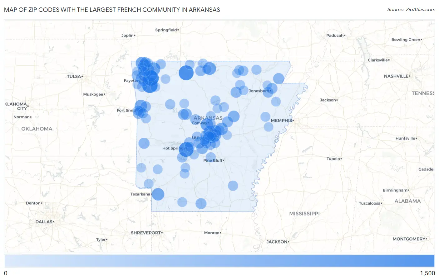 Zip Codes with the Largest French Community in Arkansas Map