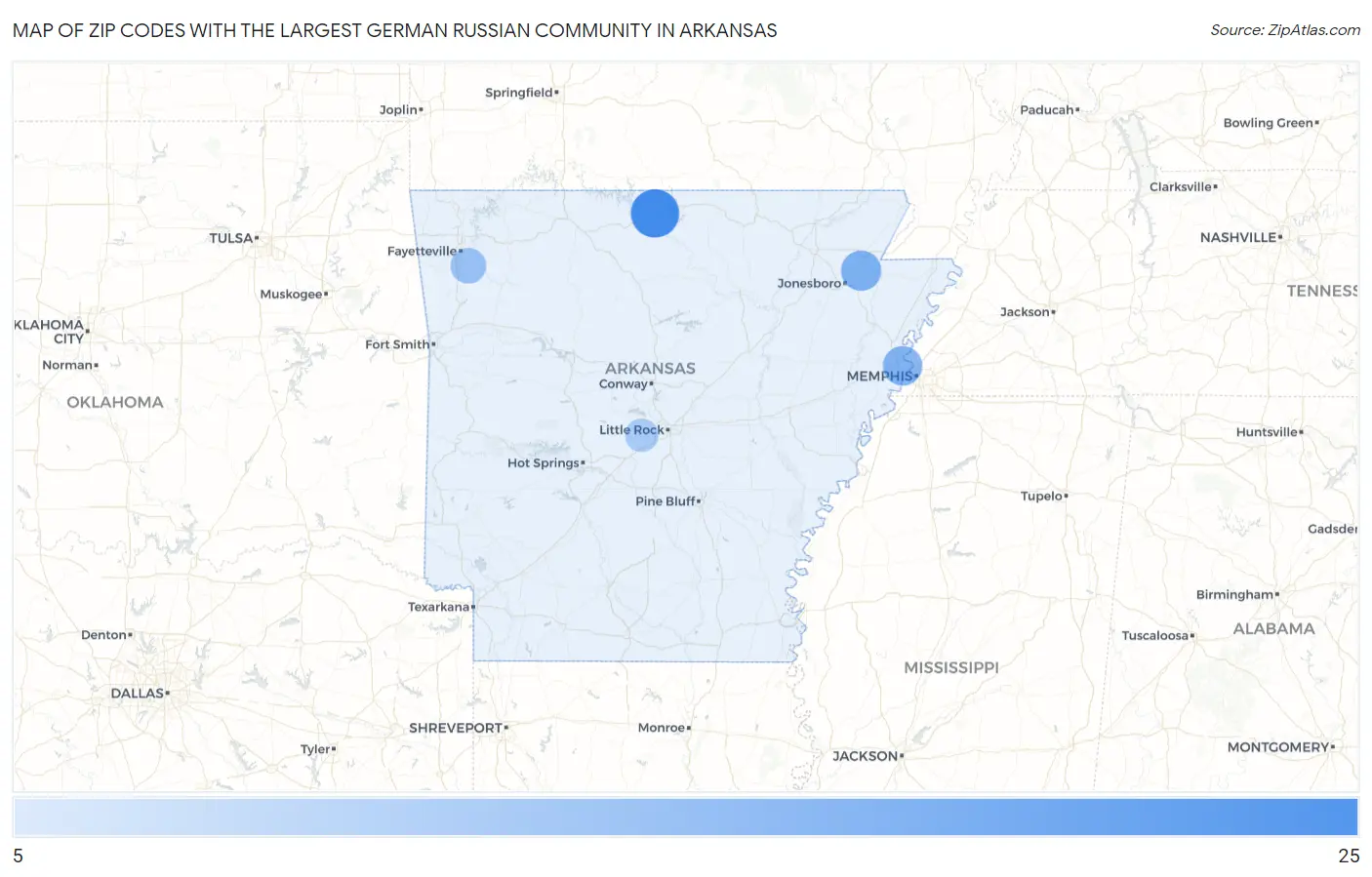 Zip Codes with the Largest German Russian Community in Arkansas Map