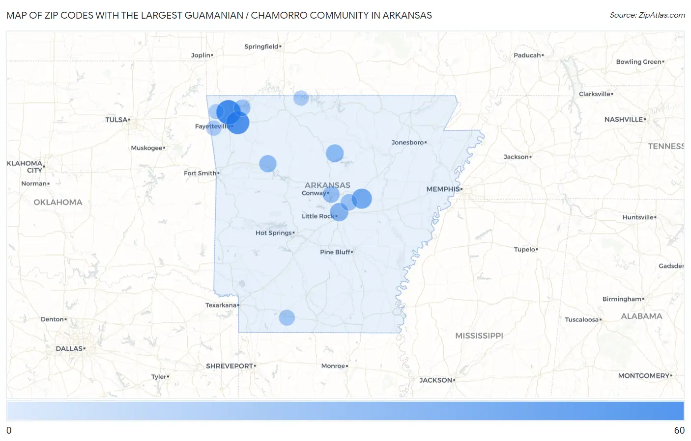 Zip Codes with the Largest Guamanian / Chamorro Community in Arkansas Map