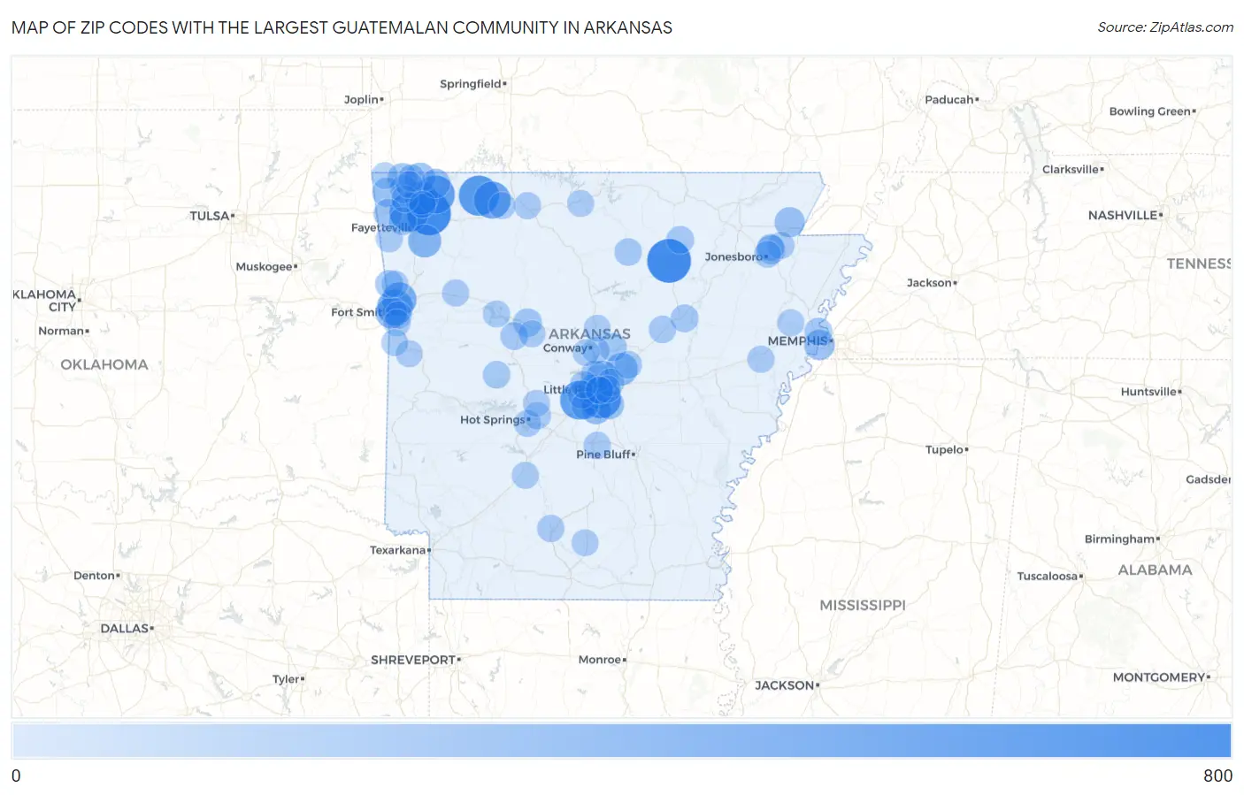 Zip Codes with the Largest Guatemalan Community in Arkansas Map