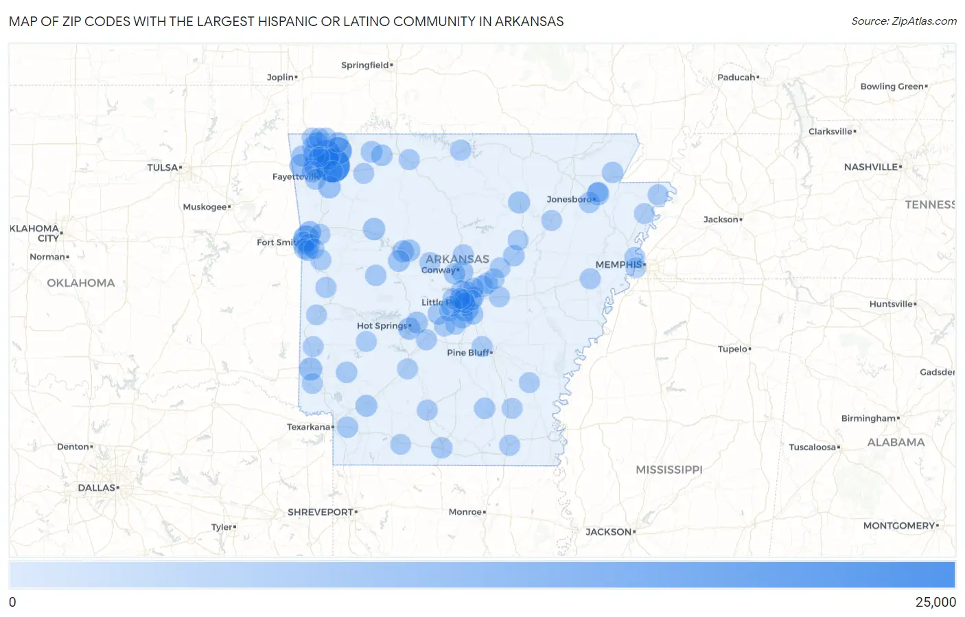 Zip Codes with the Largest Hispanic or Latino Community in Arkansas Map