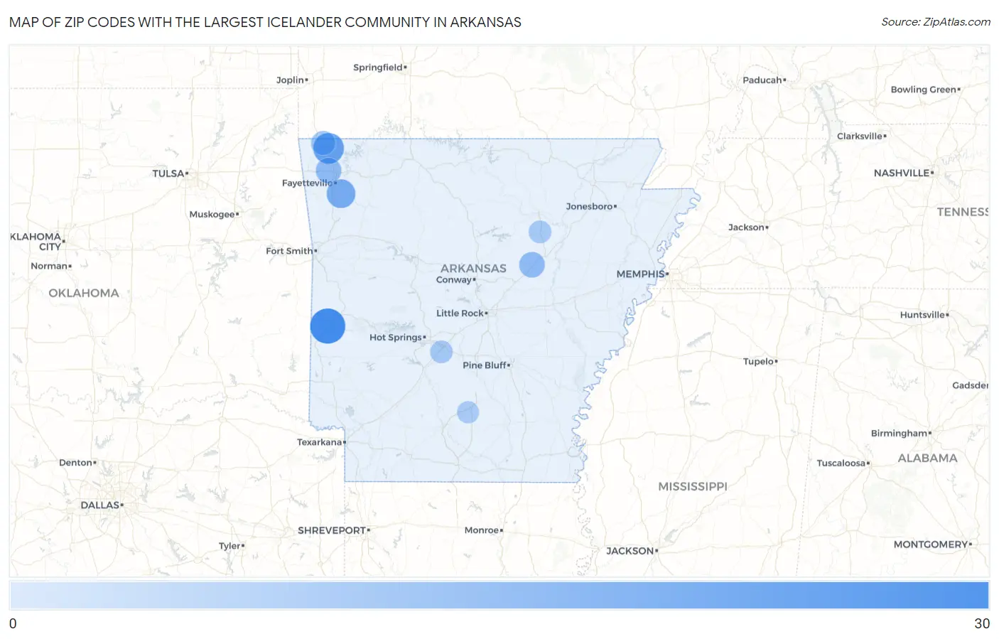 Zip Codes with the Largest Icelander Community in Arkansas Map