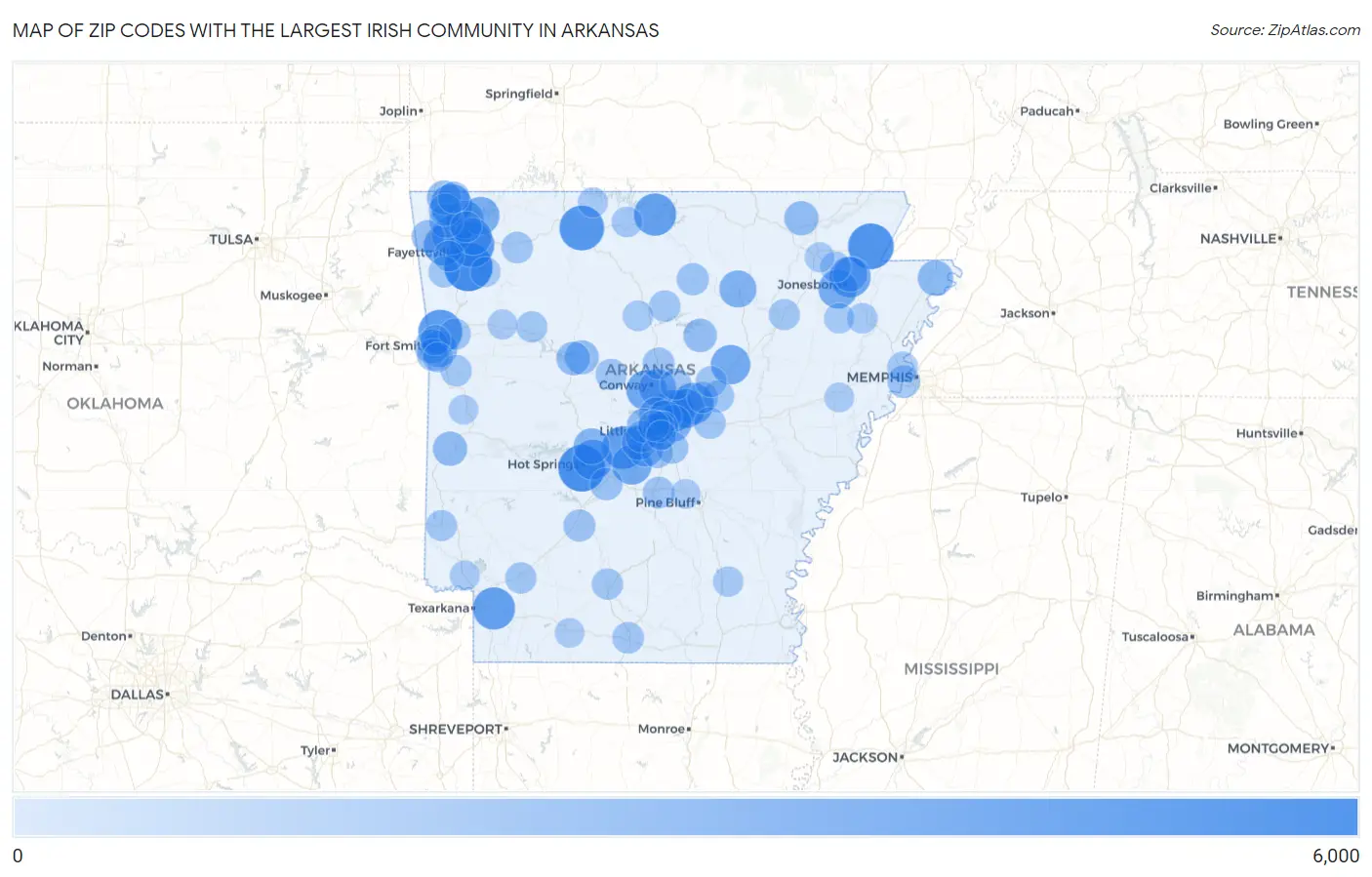Zip Codes with the Largest Irish Community in Arkansas Map