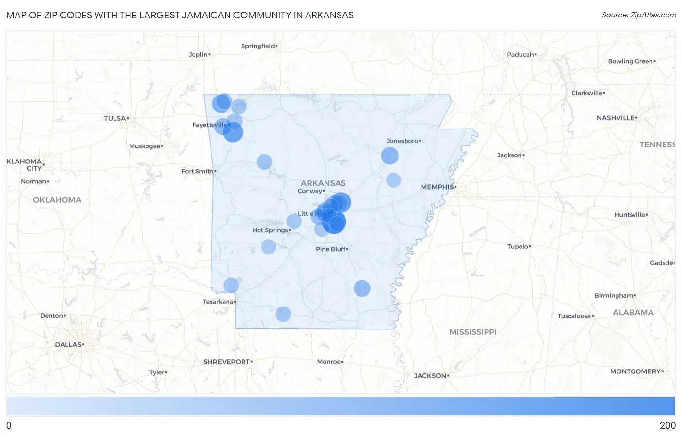 Zip Codes with the Largest Jamaican Community in Arkansas Map