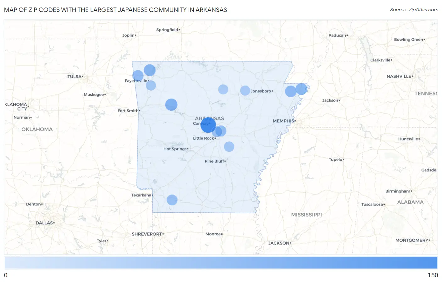 Zip Codes with the Largest Japanese Community in Arkansas Map