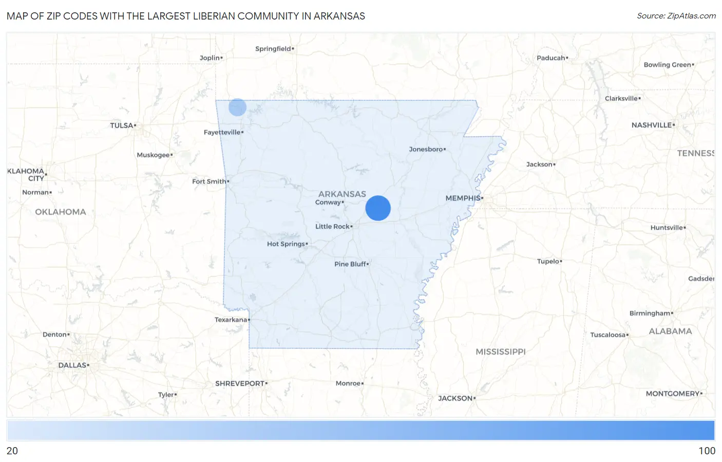Zip Codes with the Largest Liberian Community in Arkansas Map