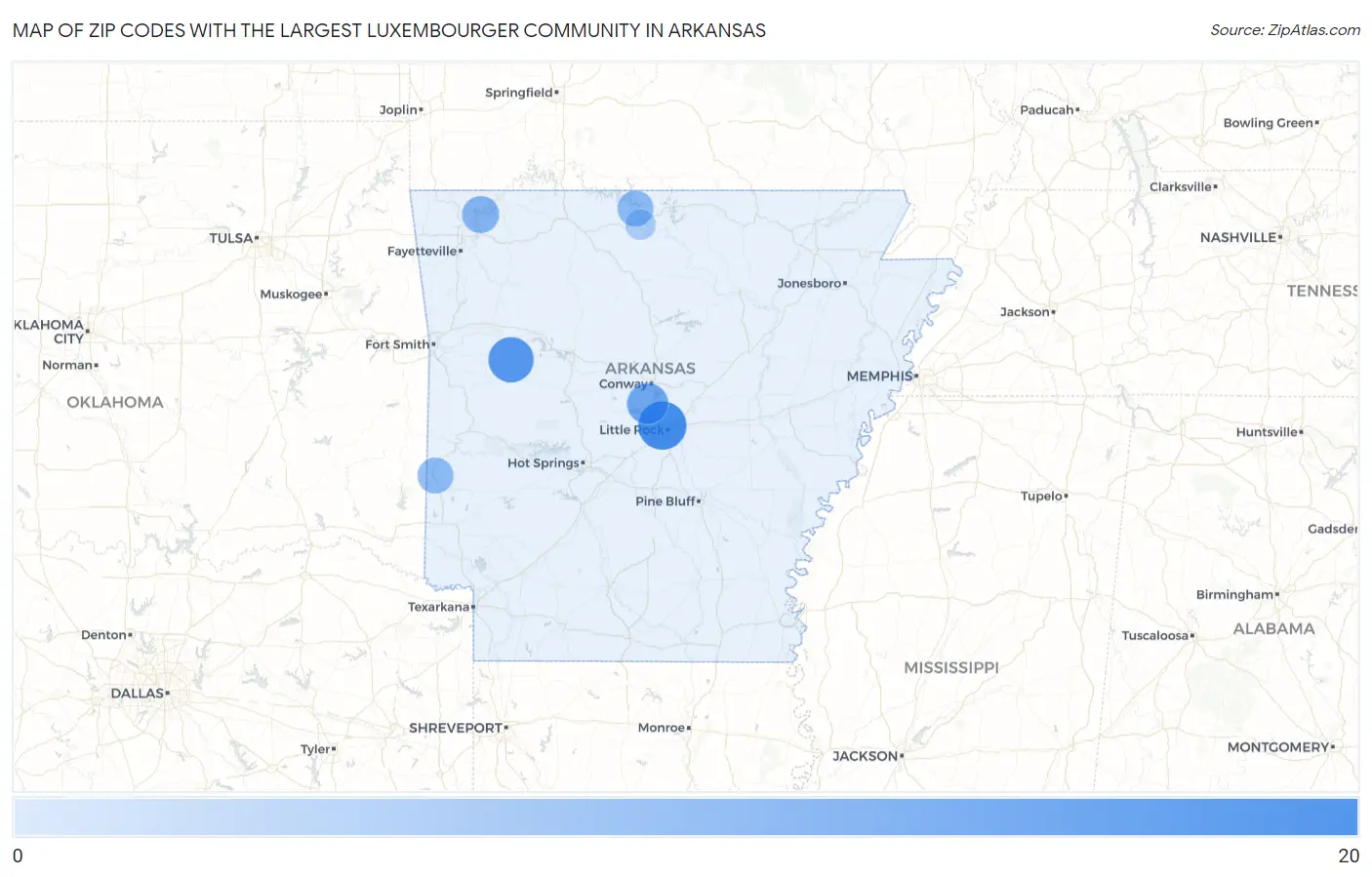 Zip Codes with the Largest Luxembourger Community in Arkansas Map