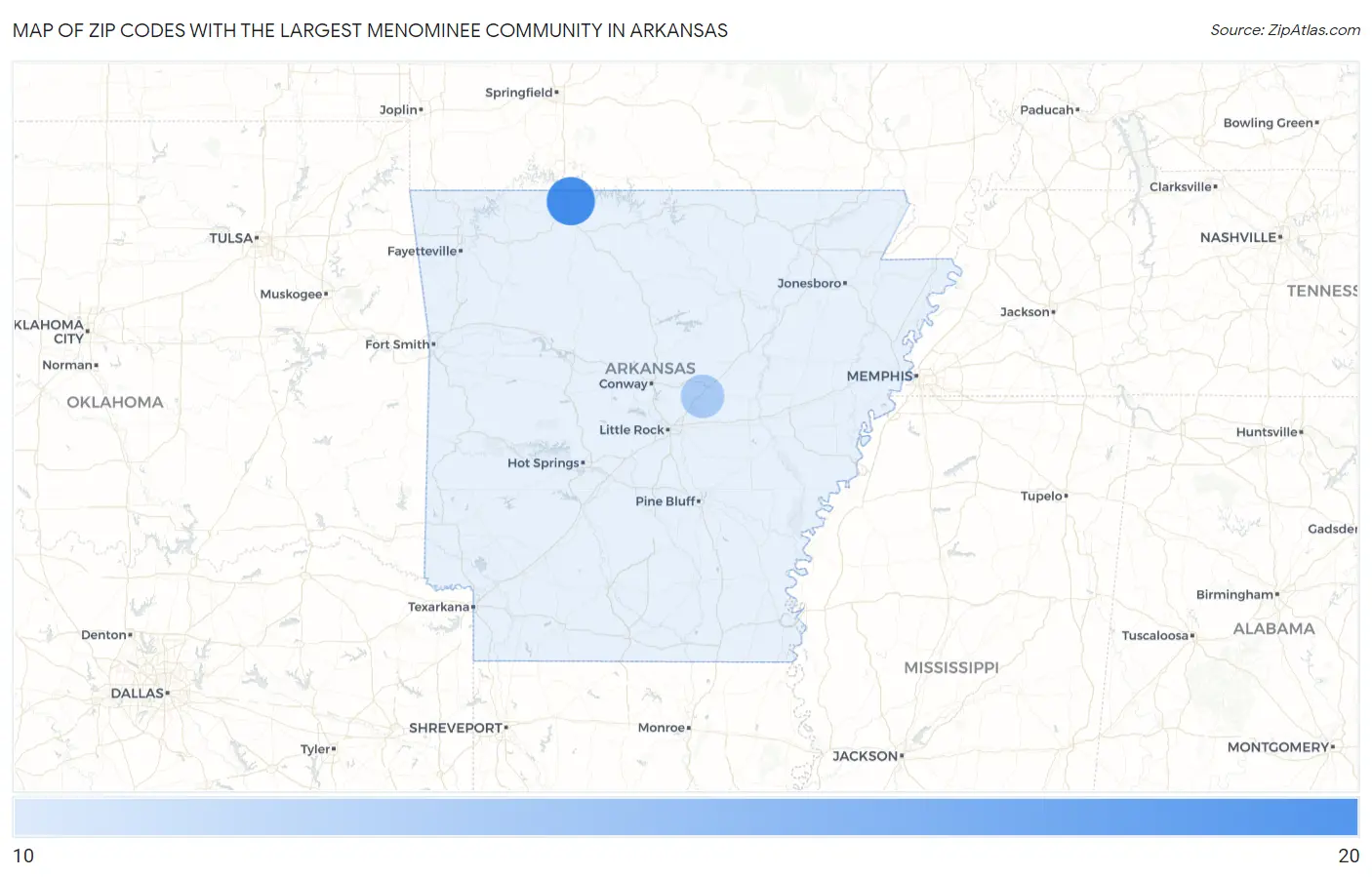 Zip Codes with the Largest Menominee Community in Arkansas Map