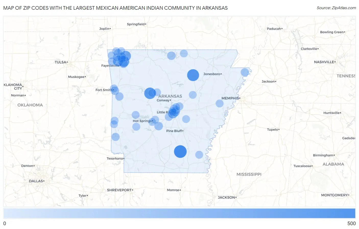 Zip Codes with the Largest Mexican American Indian Community in Arkansas Map