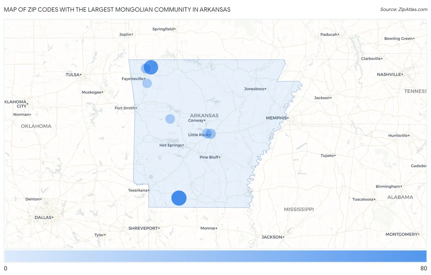 Zip Codes with the Largest Mongolian Community in Arkansas Map