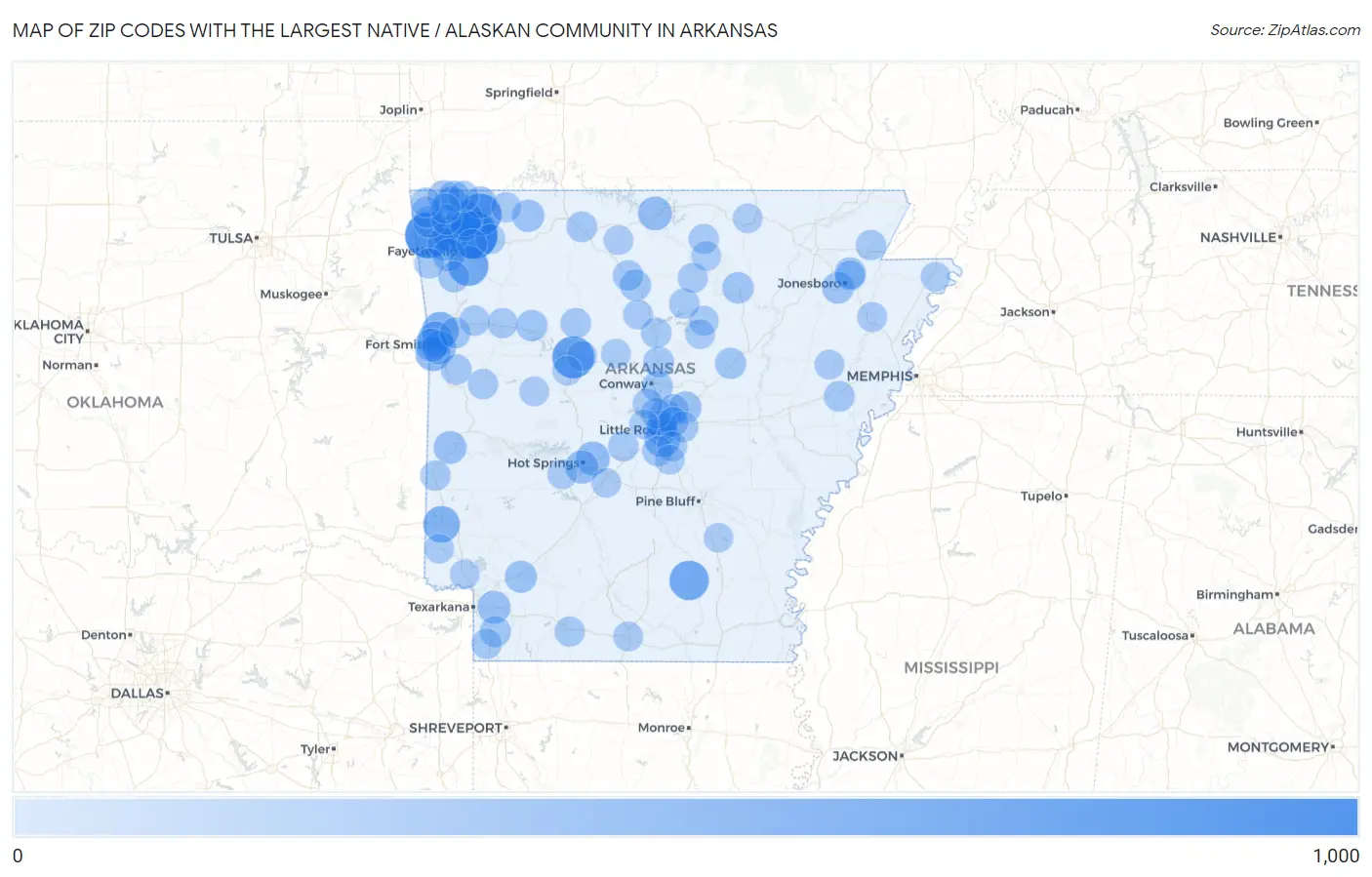 Zip Codes with the Largest Native / Alaskan Community in Arkansas Map