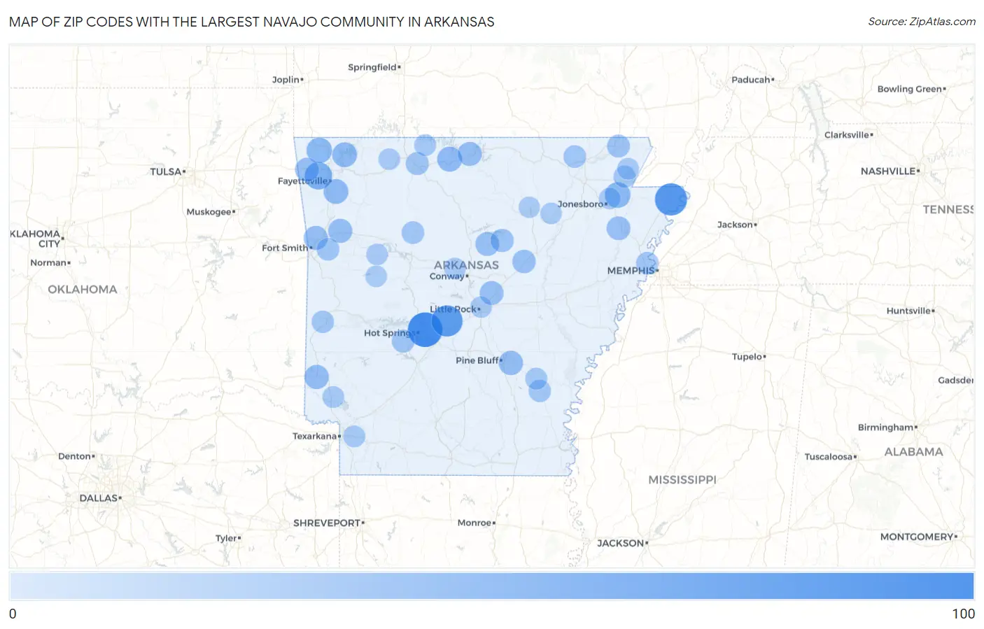 Zip Codes with the Largest Navajo Community in Arkansas Map
