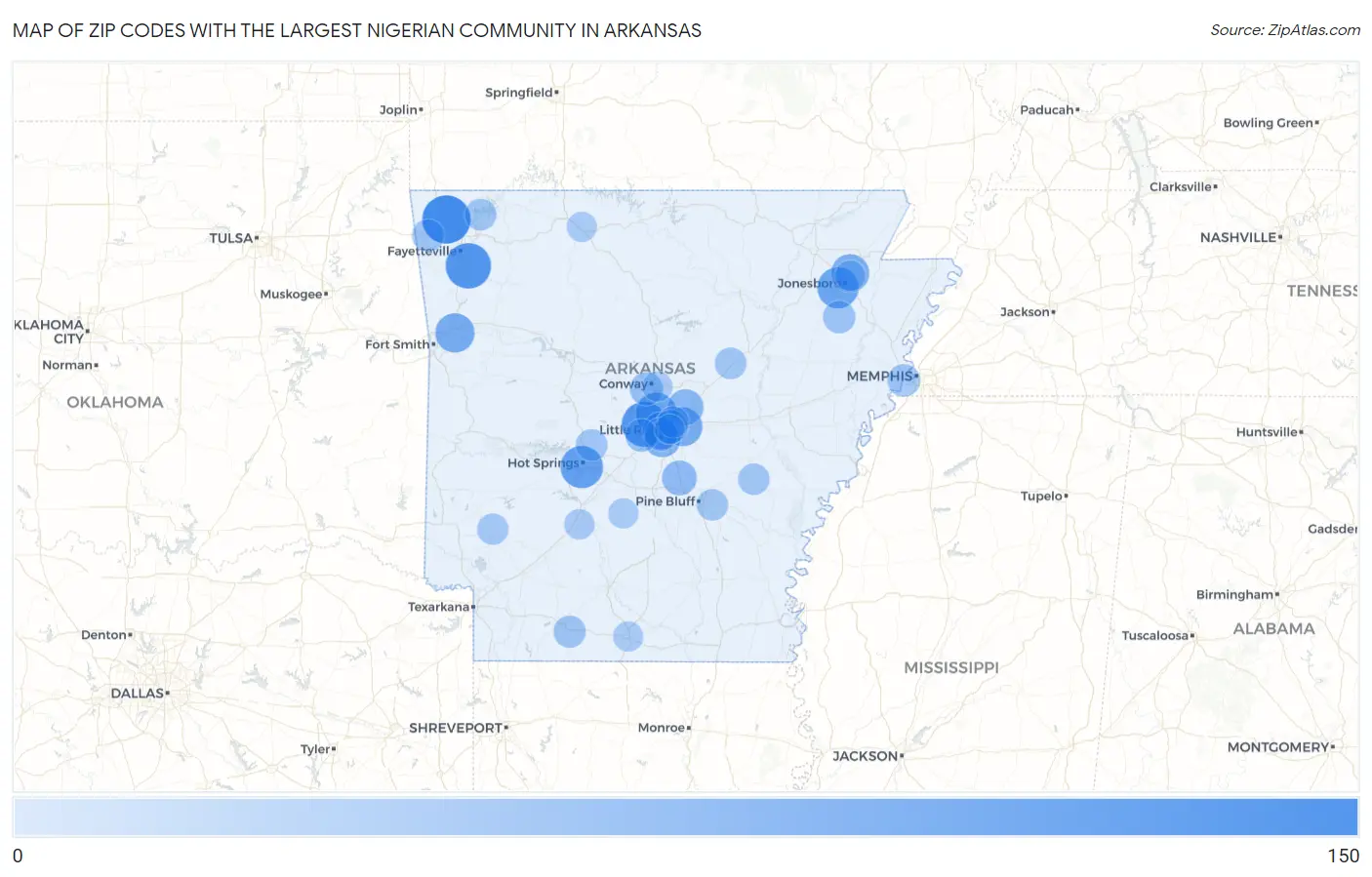 Zip Codes with the Largest Nigerian Community in Arkansas Map