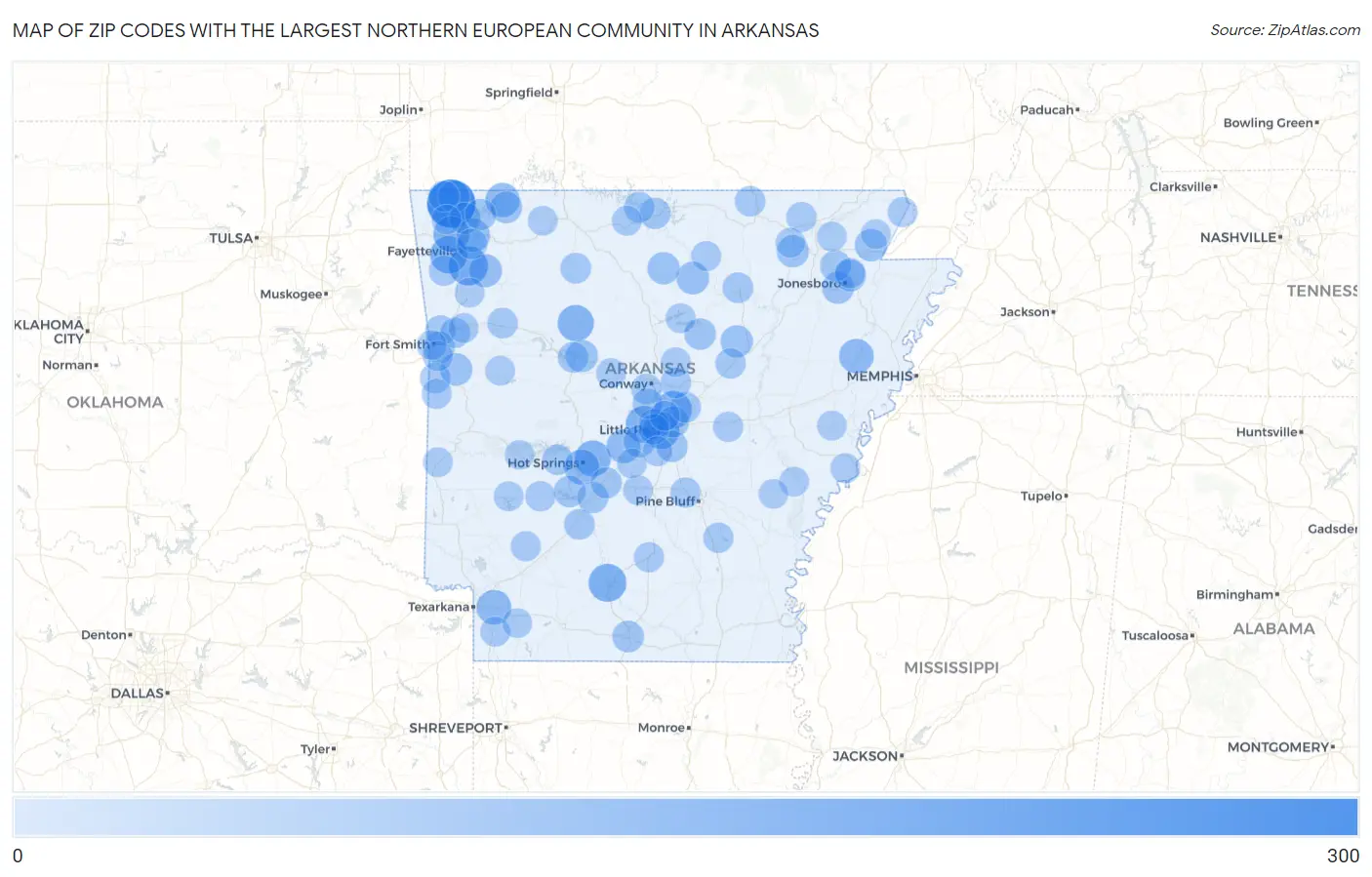 Zip Codes with the Largest Northern European Community in Arkansas Map