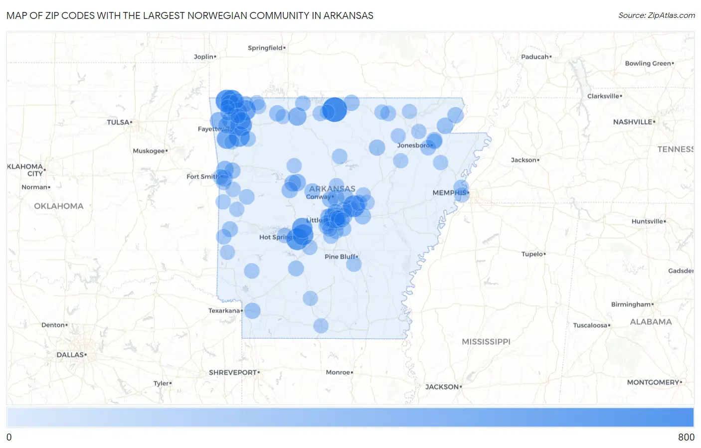 Zip Codes with the Largest Norwegian Community in Arkansas Map