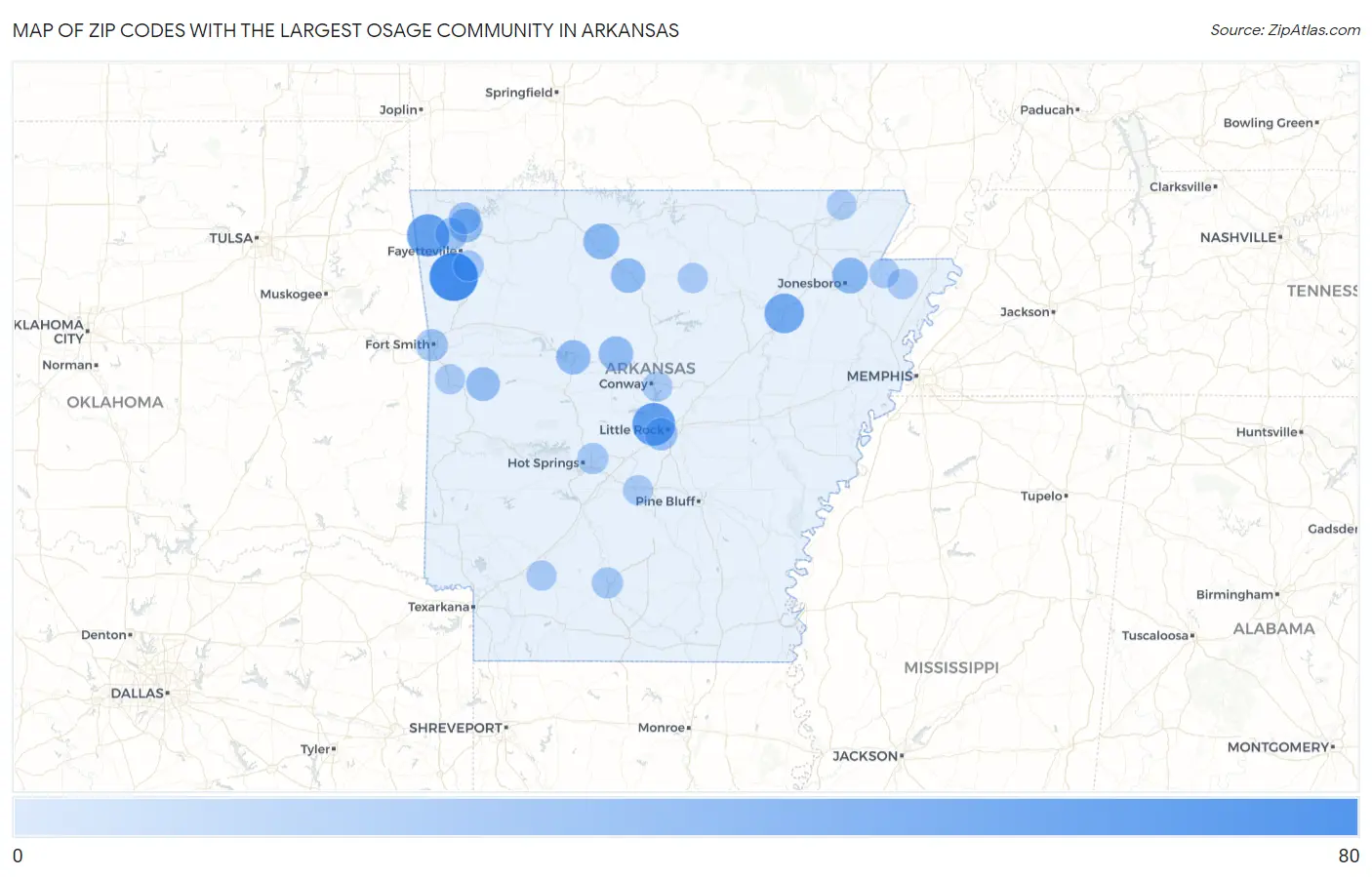 Zip Codes with the Largest Osage Community in Arkansas Map