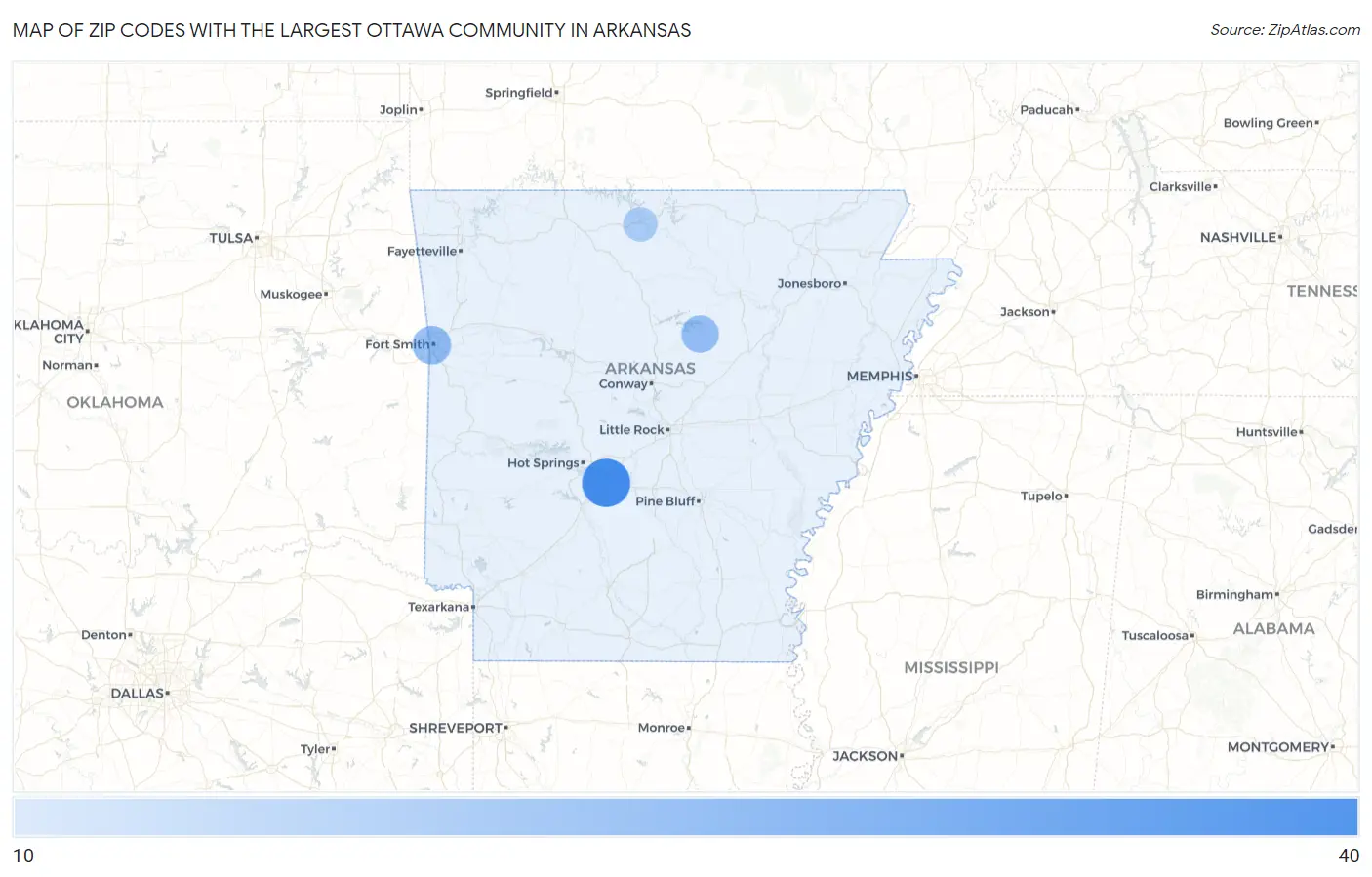 Zip Codes with the Largest Ottawa Community in Arkansas Map