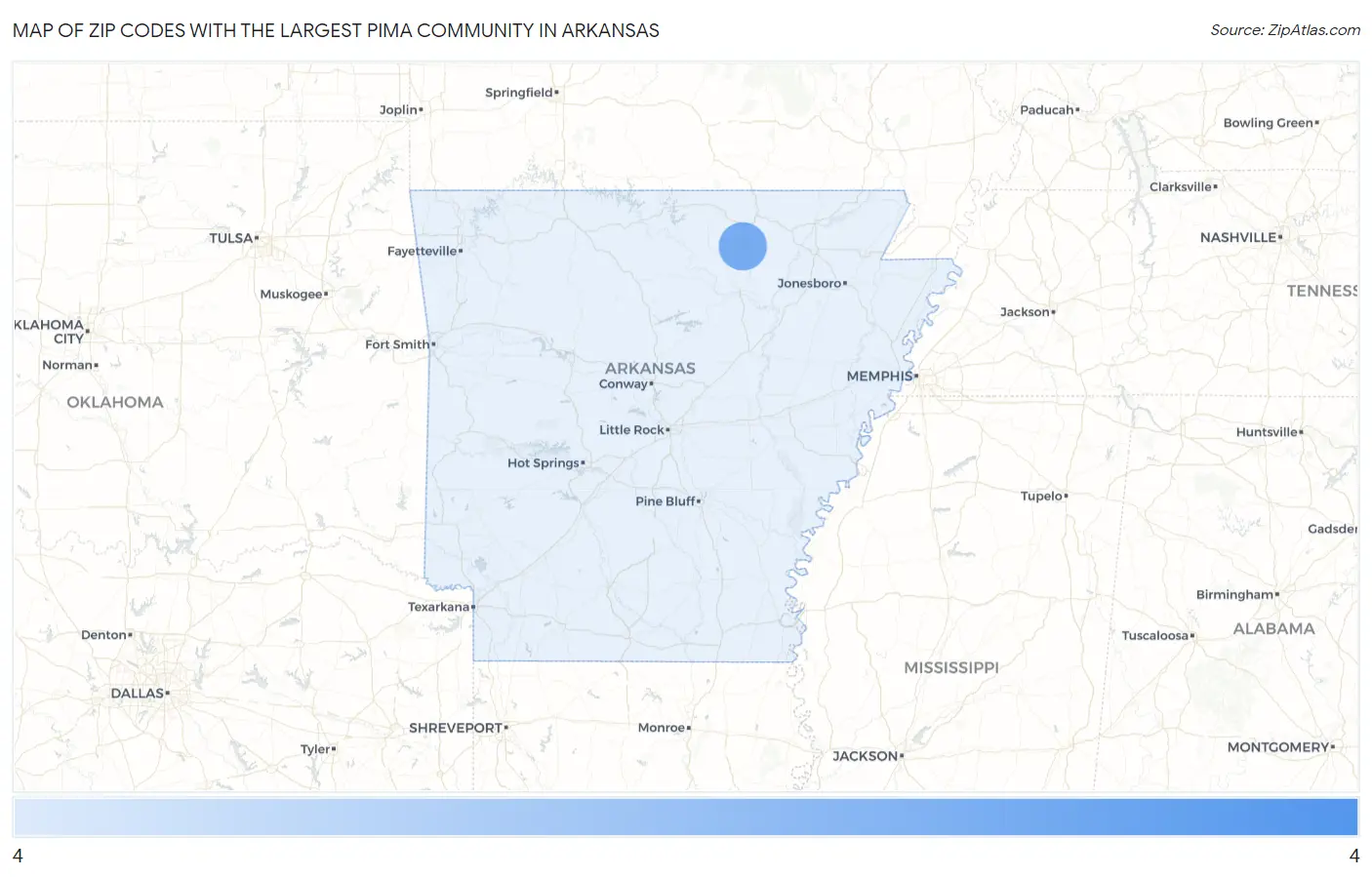 Zip Codes with the Largest Pima Community in Arkansas Map
