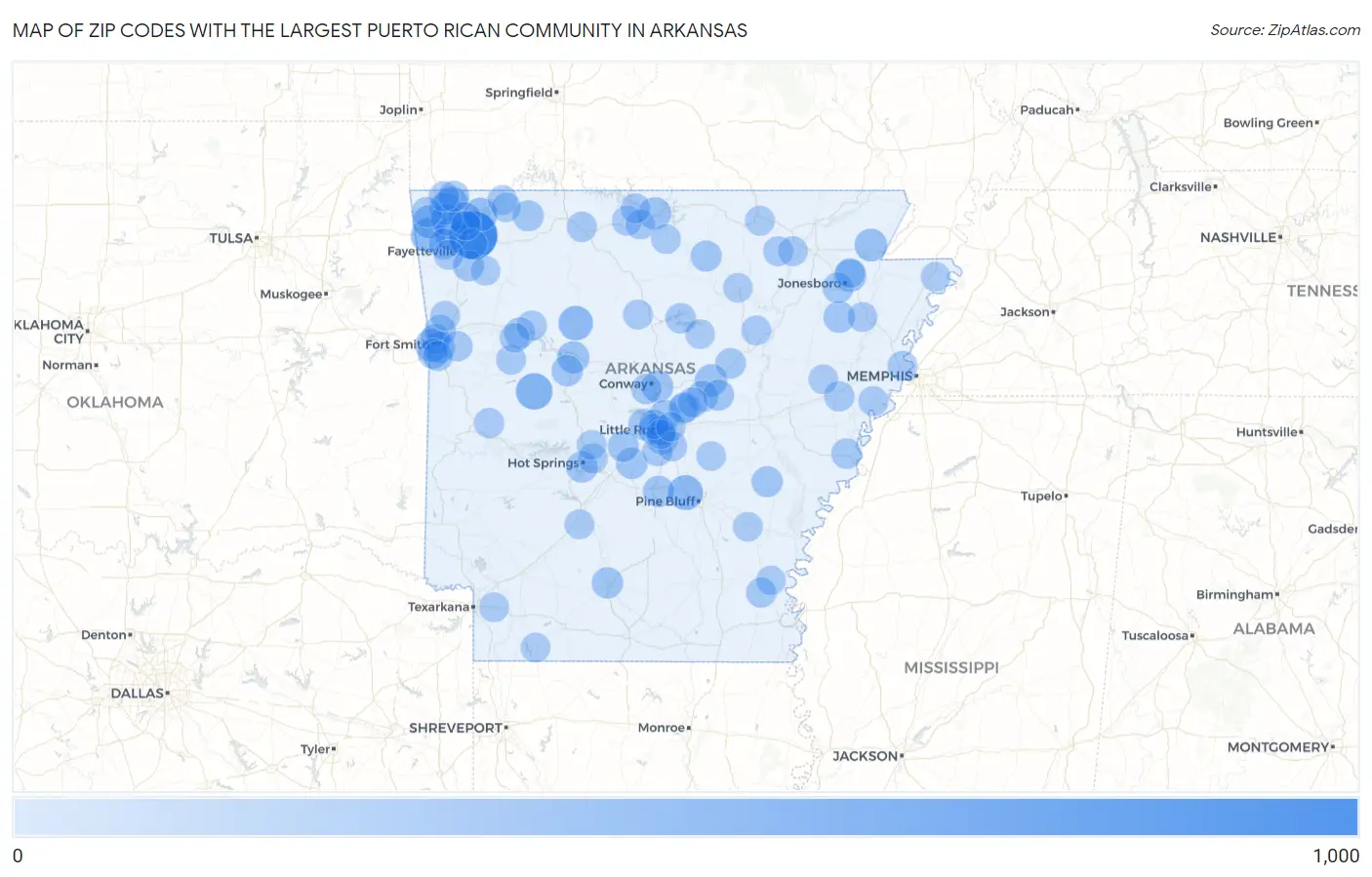 Zip Codes with the Largest Puerto Rican Community in Arkansas Map