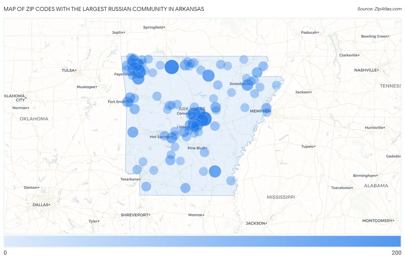Zip Codes with the Largest Russian Community in Arkansas Map