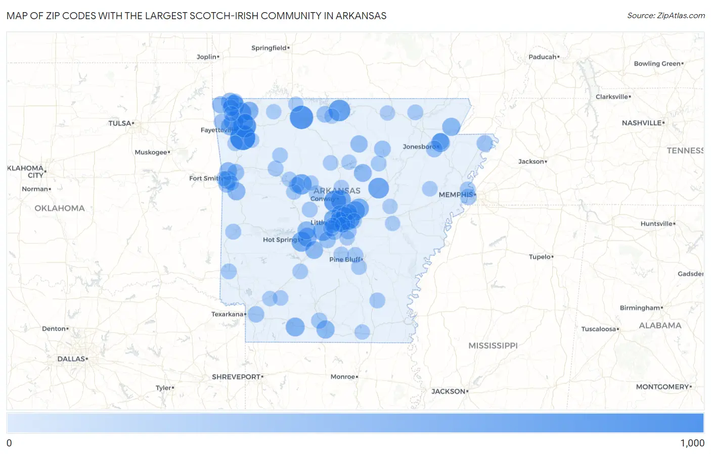 Zip Codes with the Largest Scotch-Irish Community in Arkansas Map