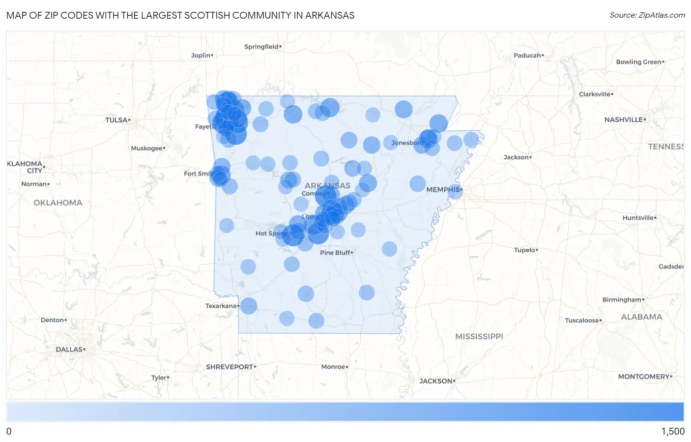 Zip Codes with the Largest Scottish Community in Arkansas Map