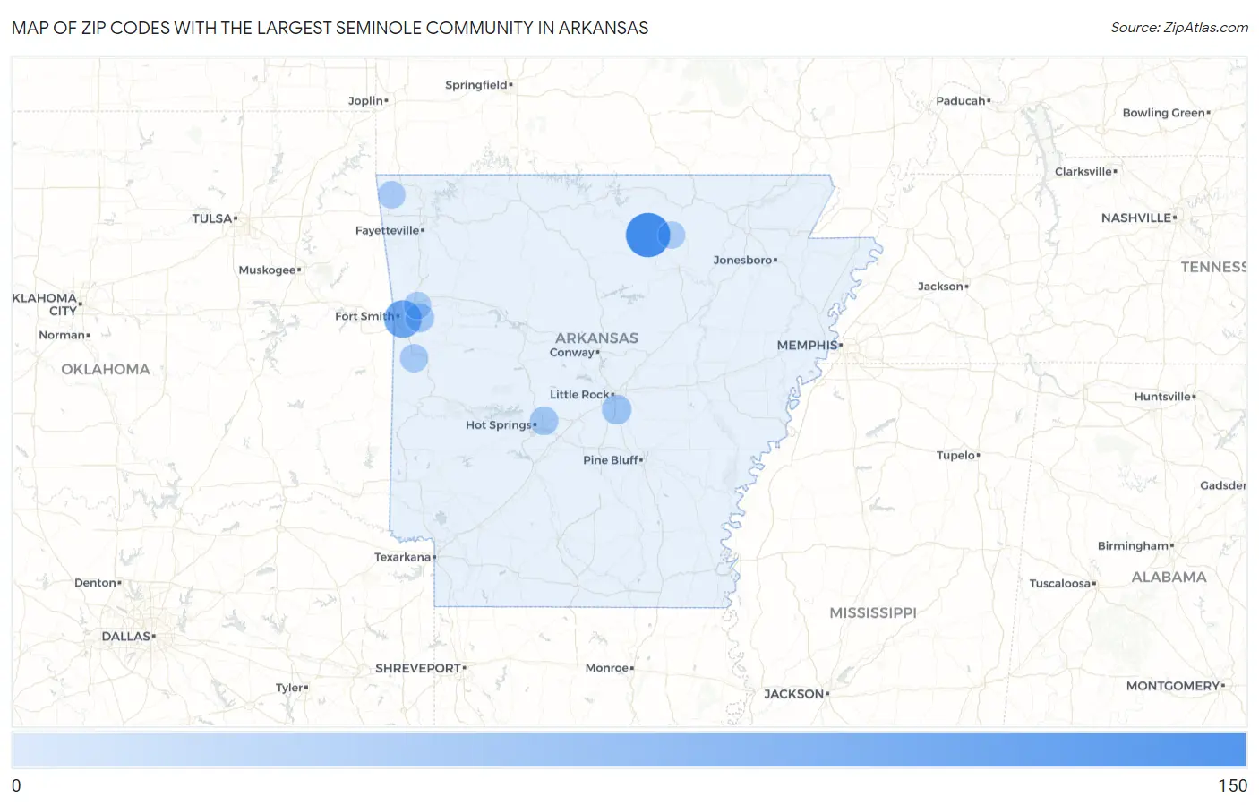Zip Codes with the Largest Seminole Community in Arkansas Map