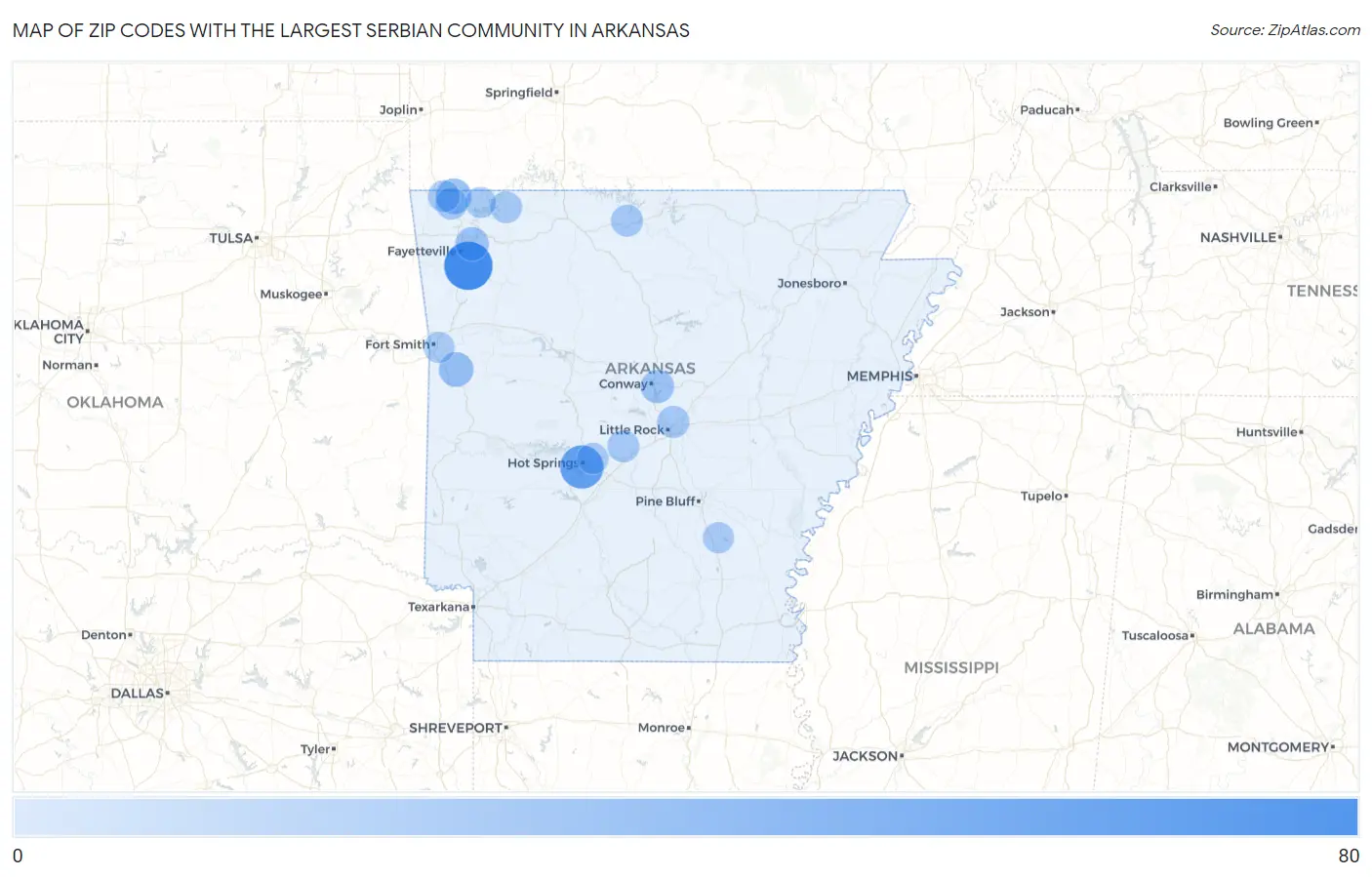 Zip Codes with the Largest Serbian Community in Arkansas Map